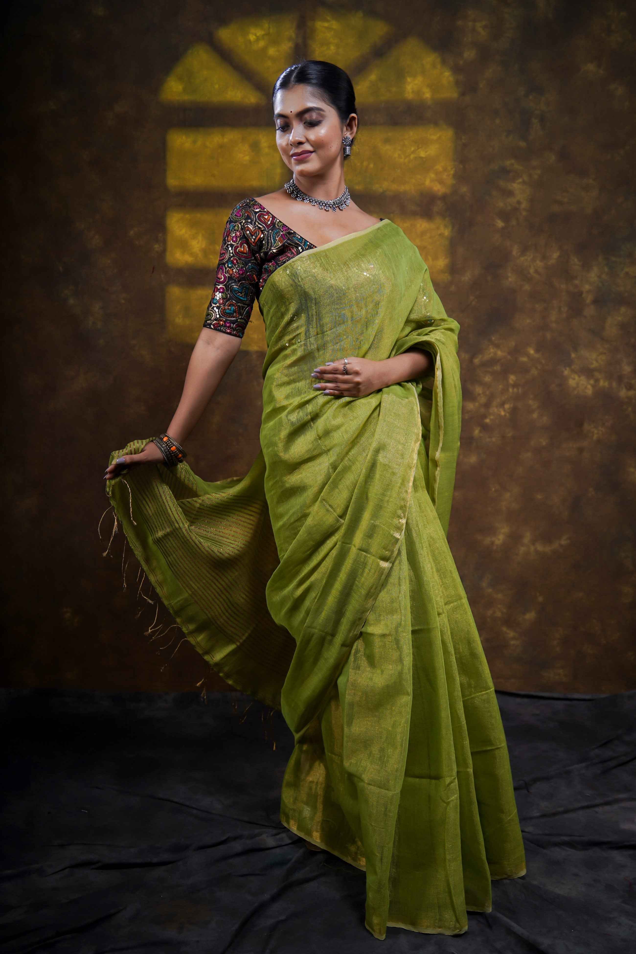 Lime Green Dual Tone Pure Tissue Linen Saree