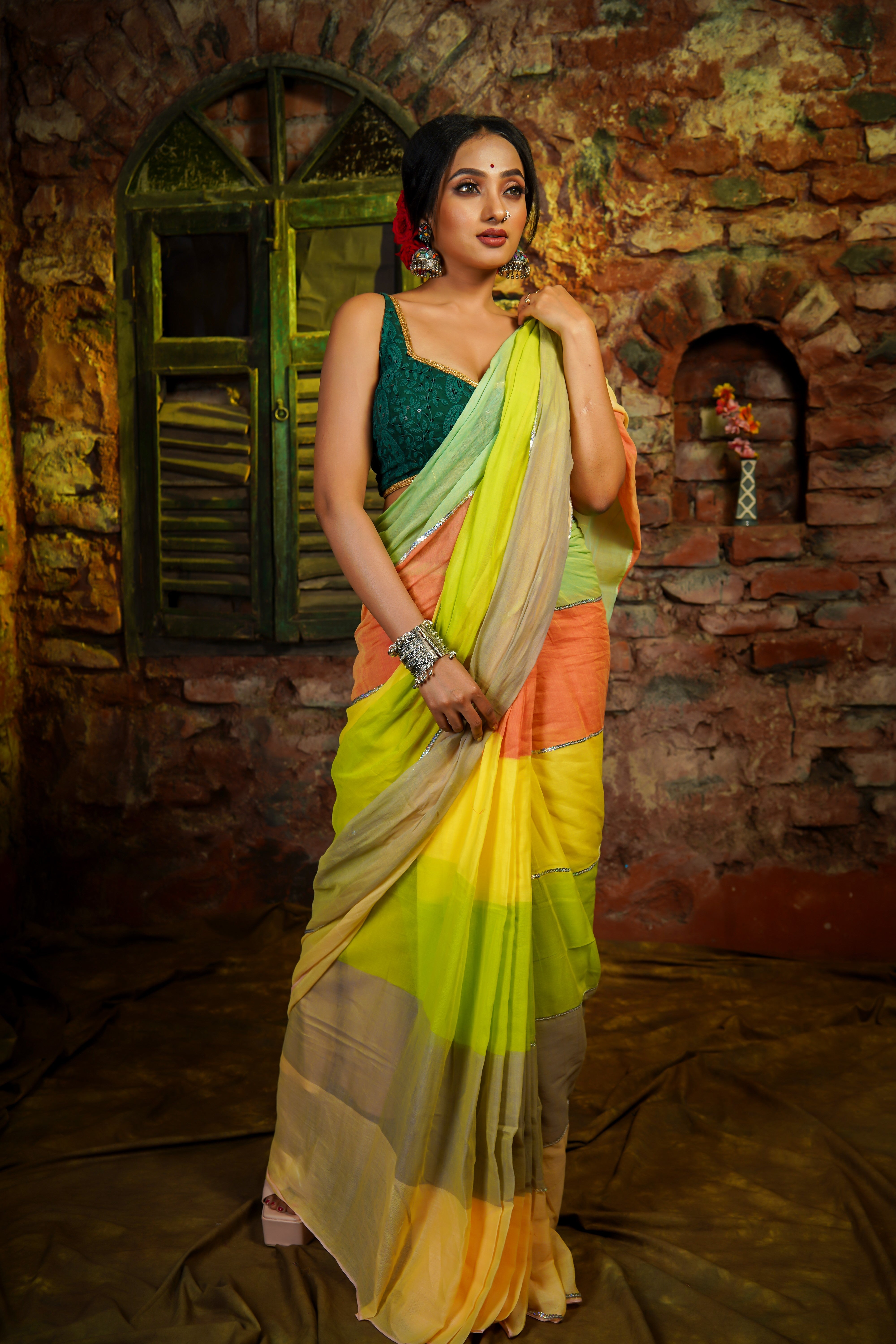 Lime Green Multi Rainbow Sequence Work Pure Mul Cotton Saree