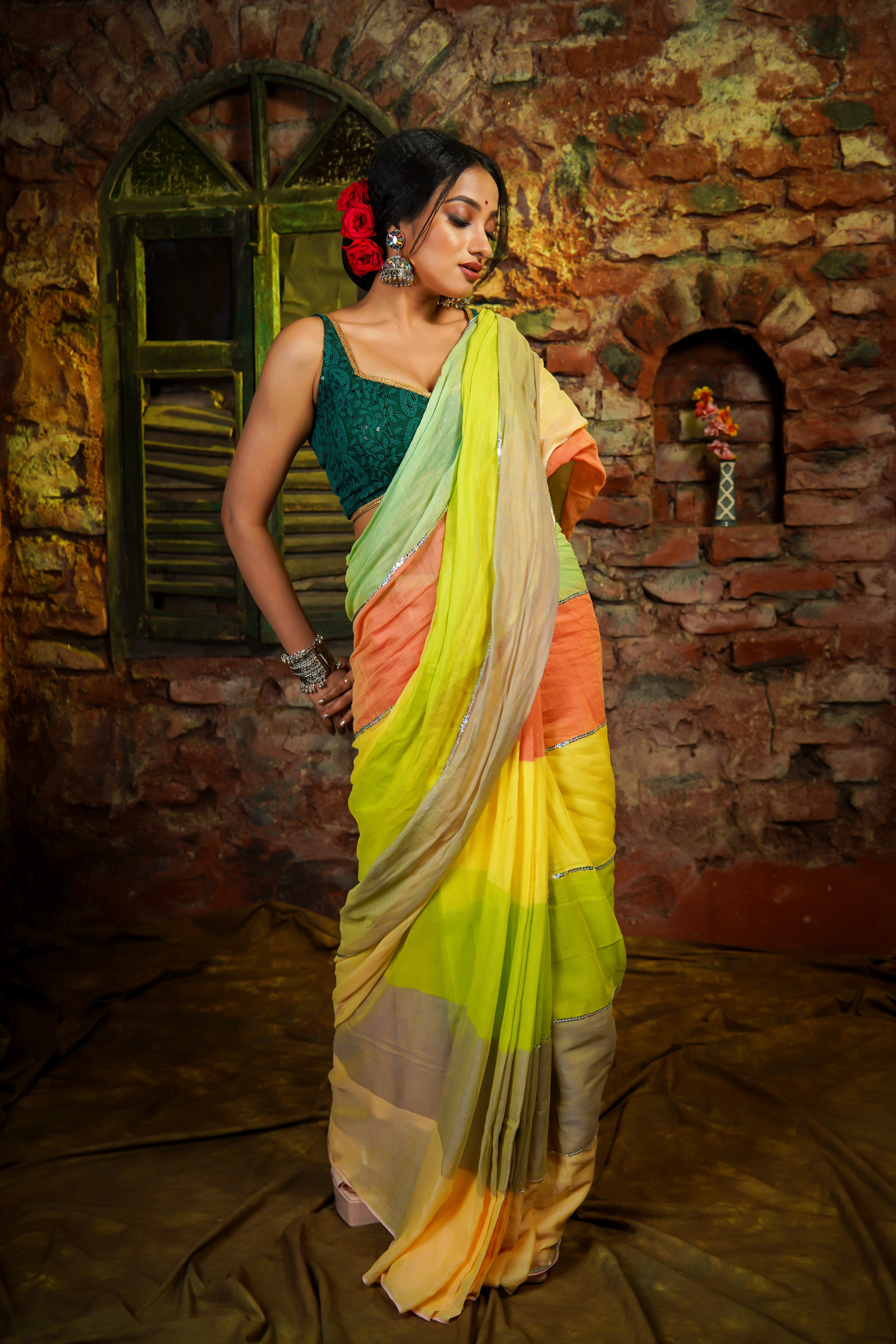 Lime Green Multi Rainbow Sequence Work Pure Mul Cotton Saree