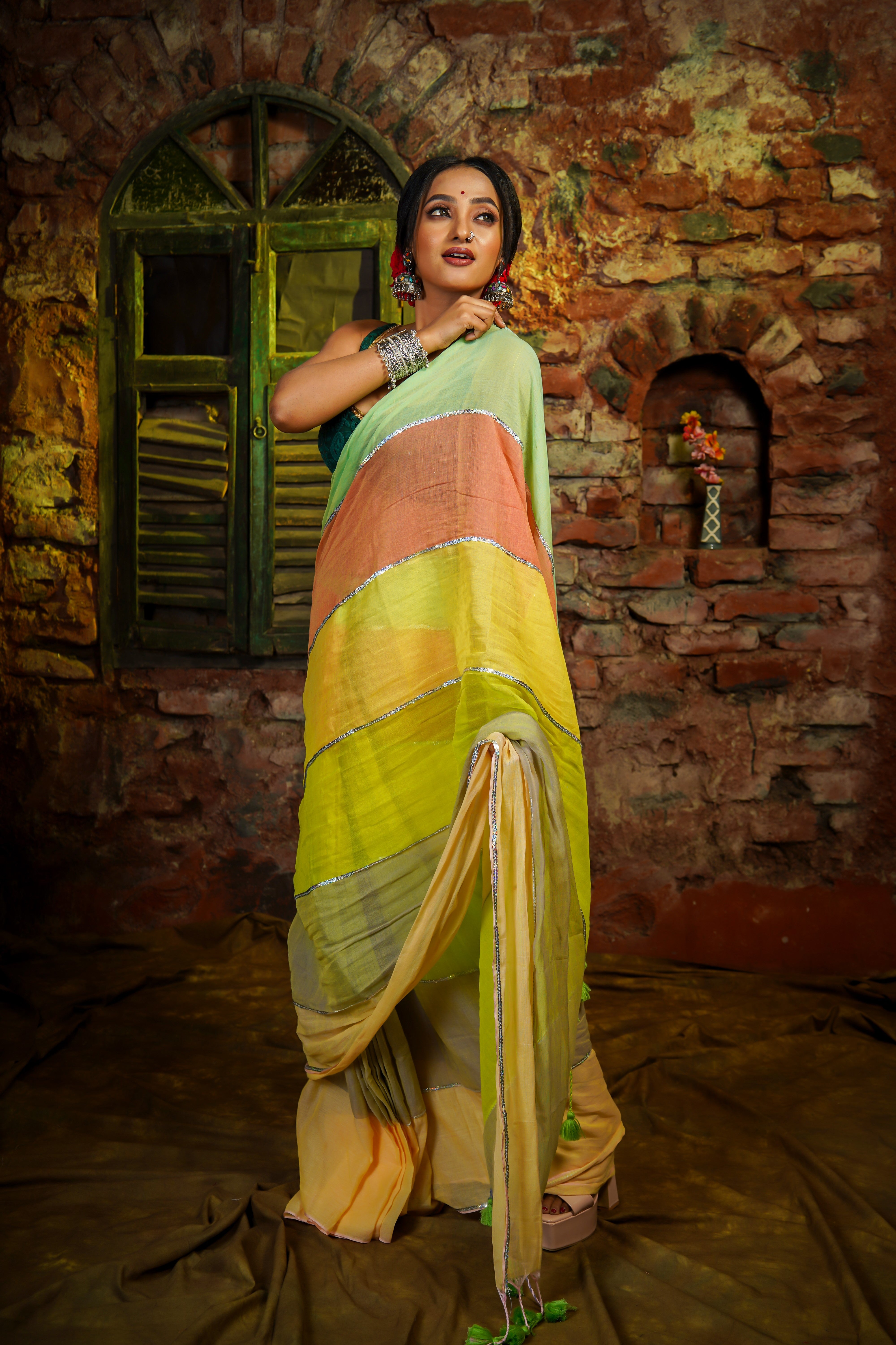 Lime Green Multi Rainbow Sequence Work Pure Mul Cotton Saree