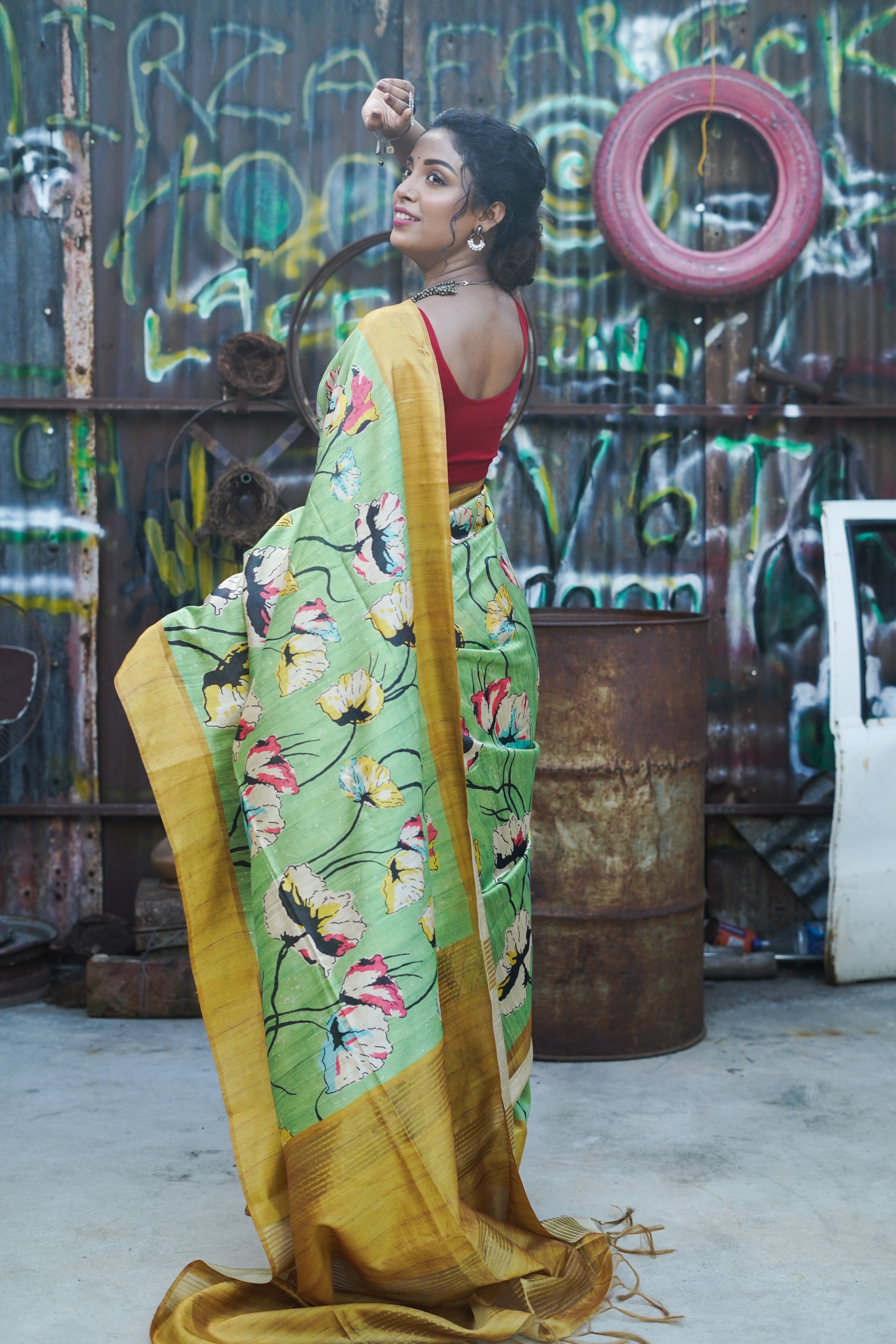 Lime Tussar Silk Floral Print Saree