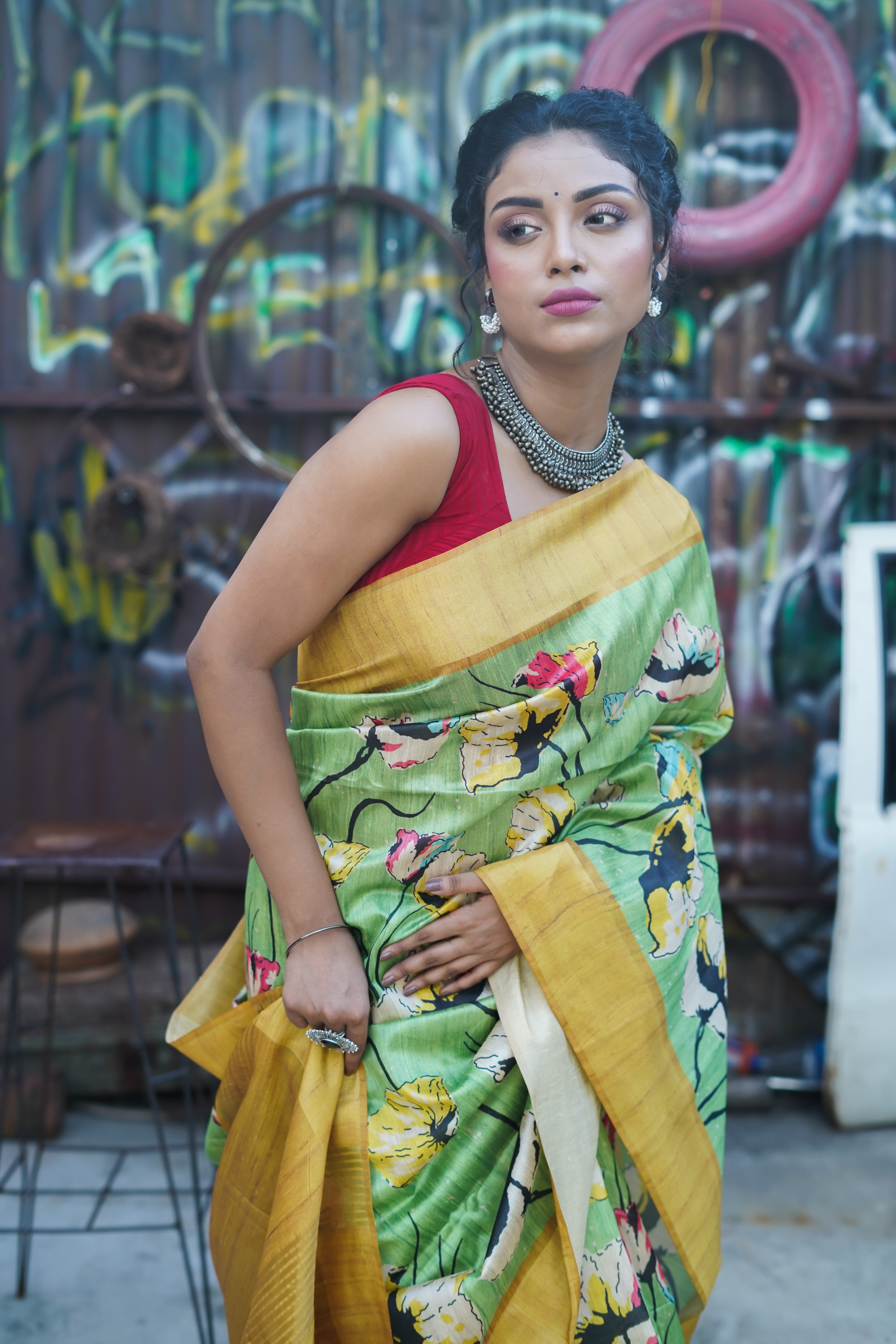 Lime Tussar Silk Floral Print Saree