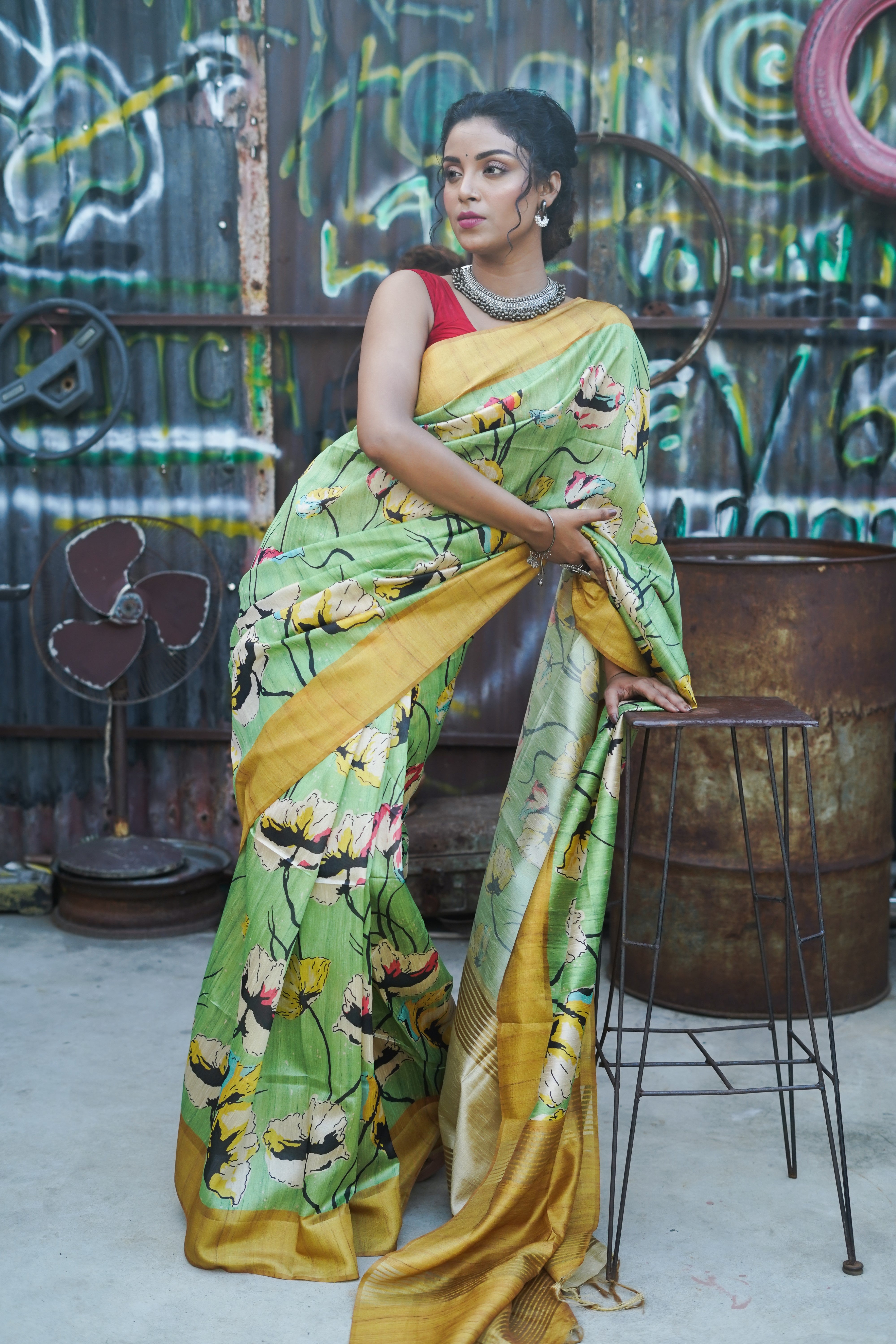 Lime Tussar Silk Floral Print Saree