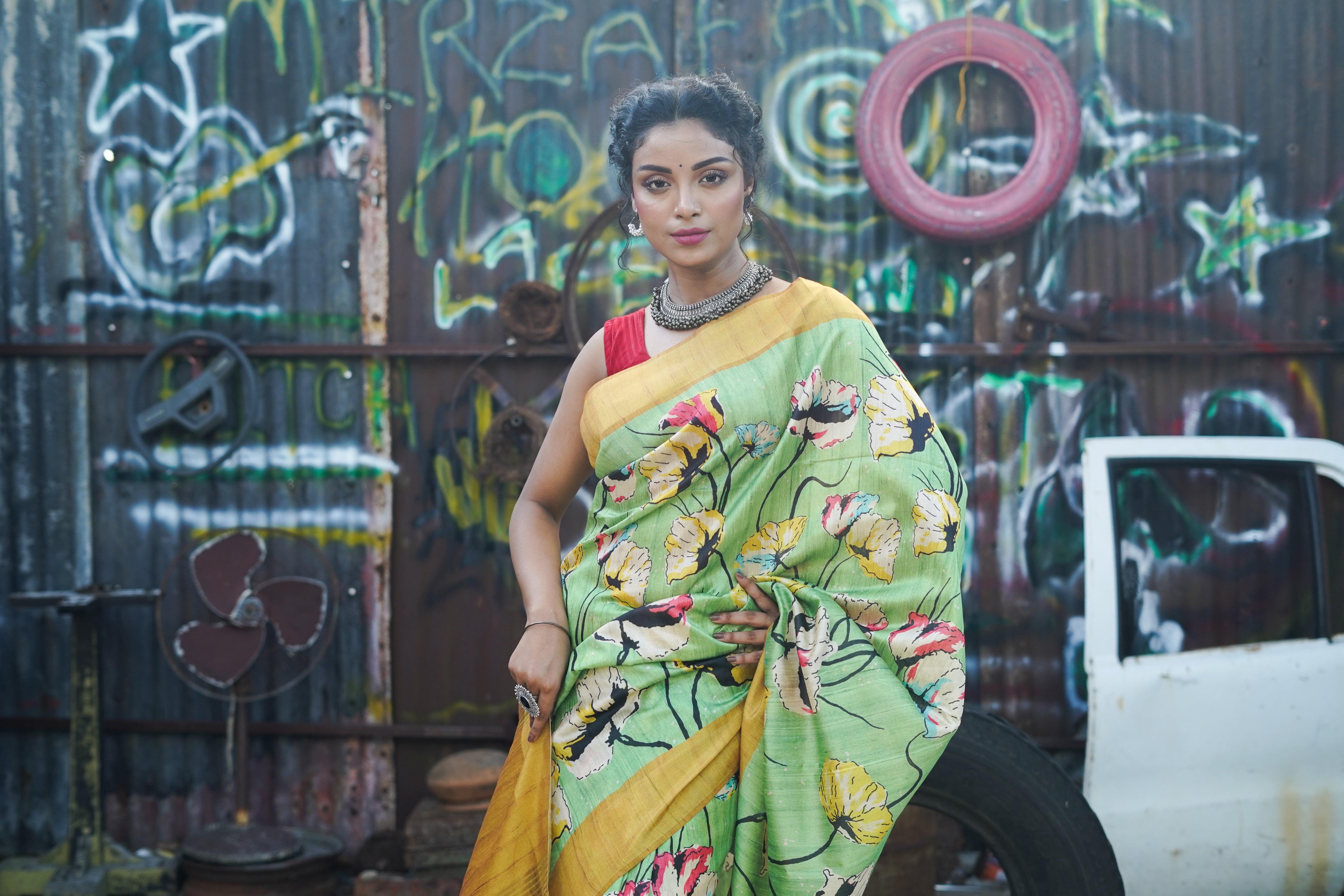 Lime Tussar Silk Floral Print Saree