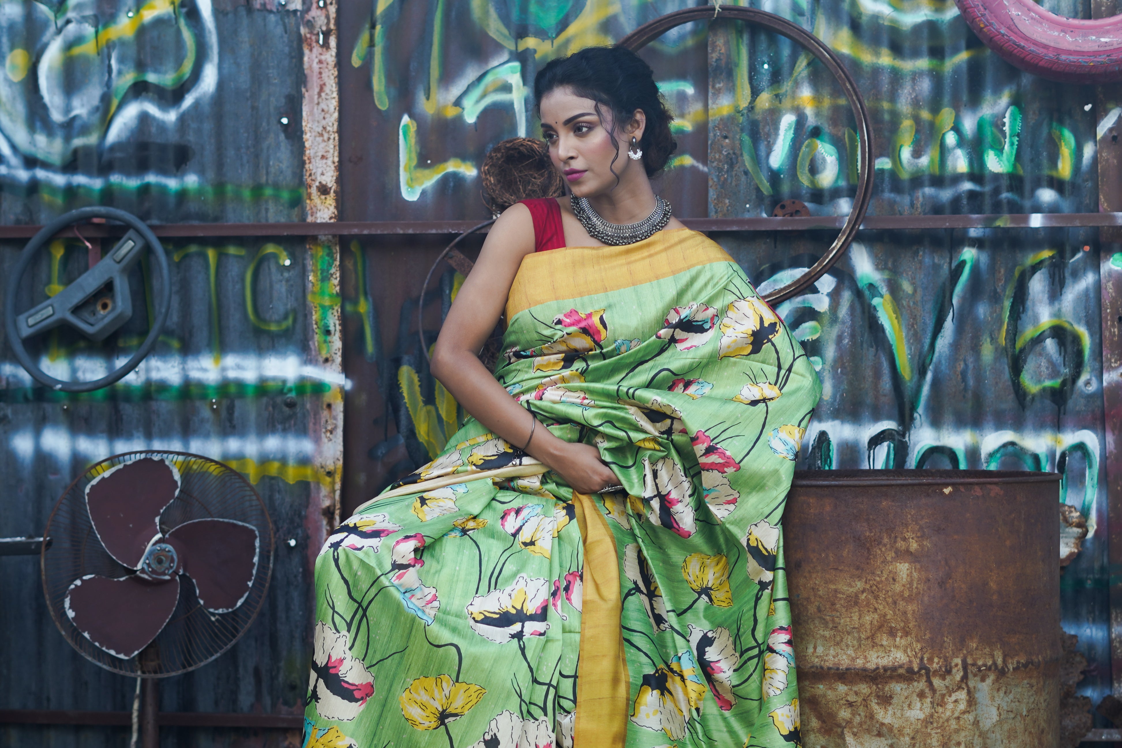 Lime Tussar Silk Floral Print Saree