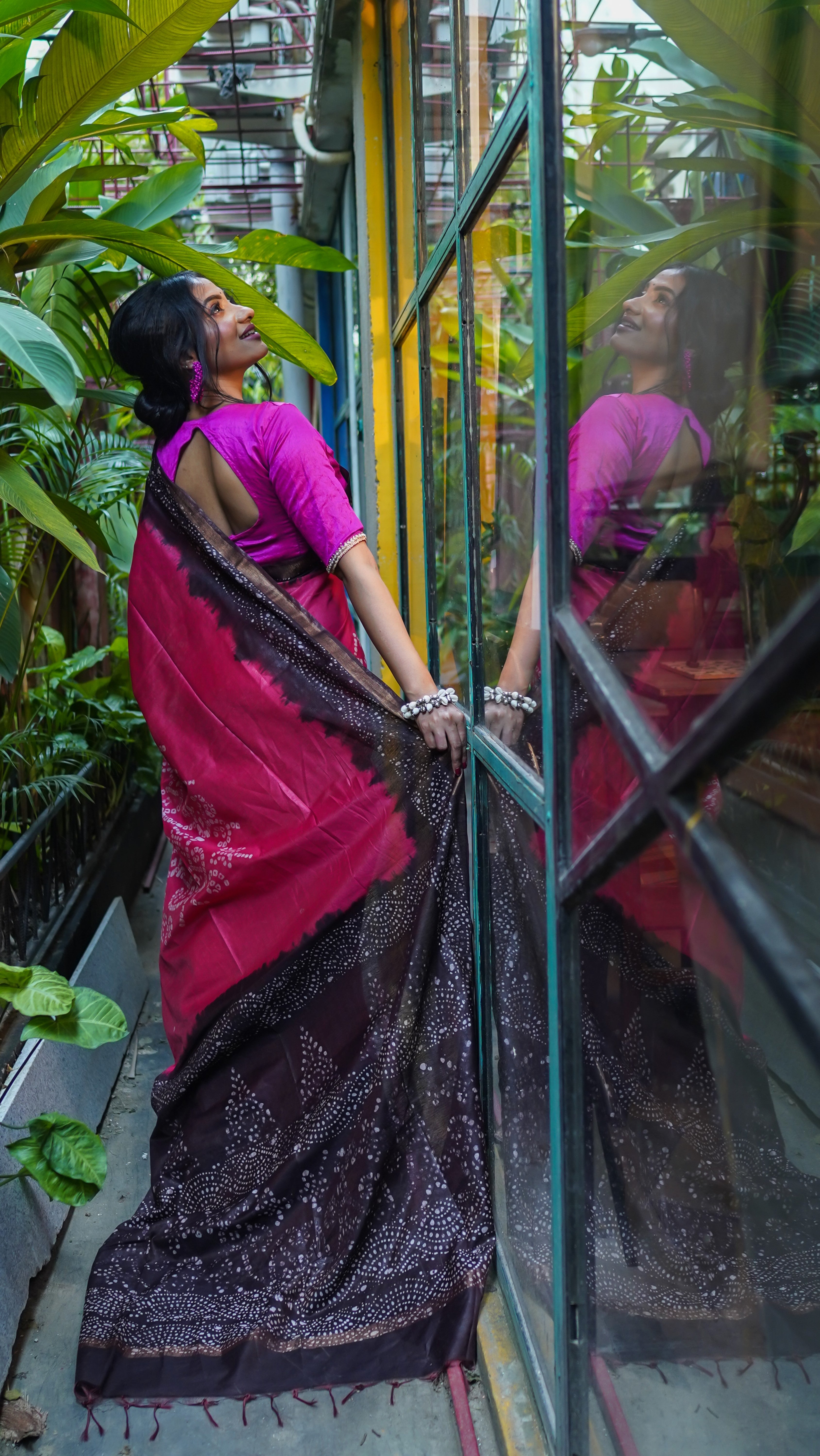 Magenta Bandhani Hand Block Pure Chanderi Silk Saree