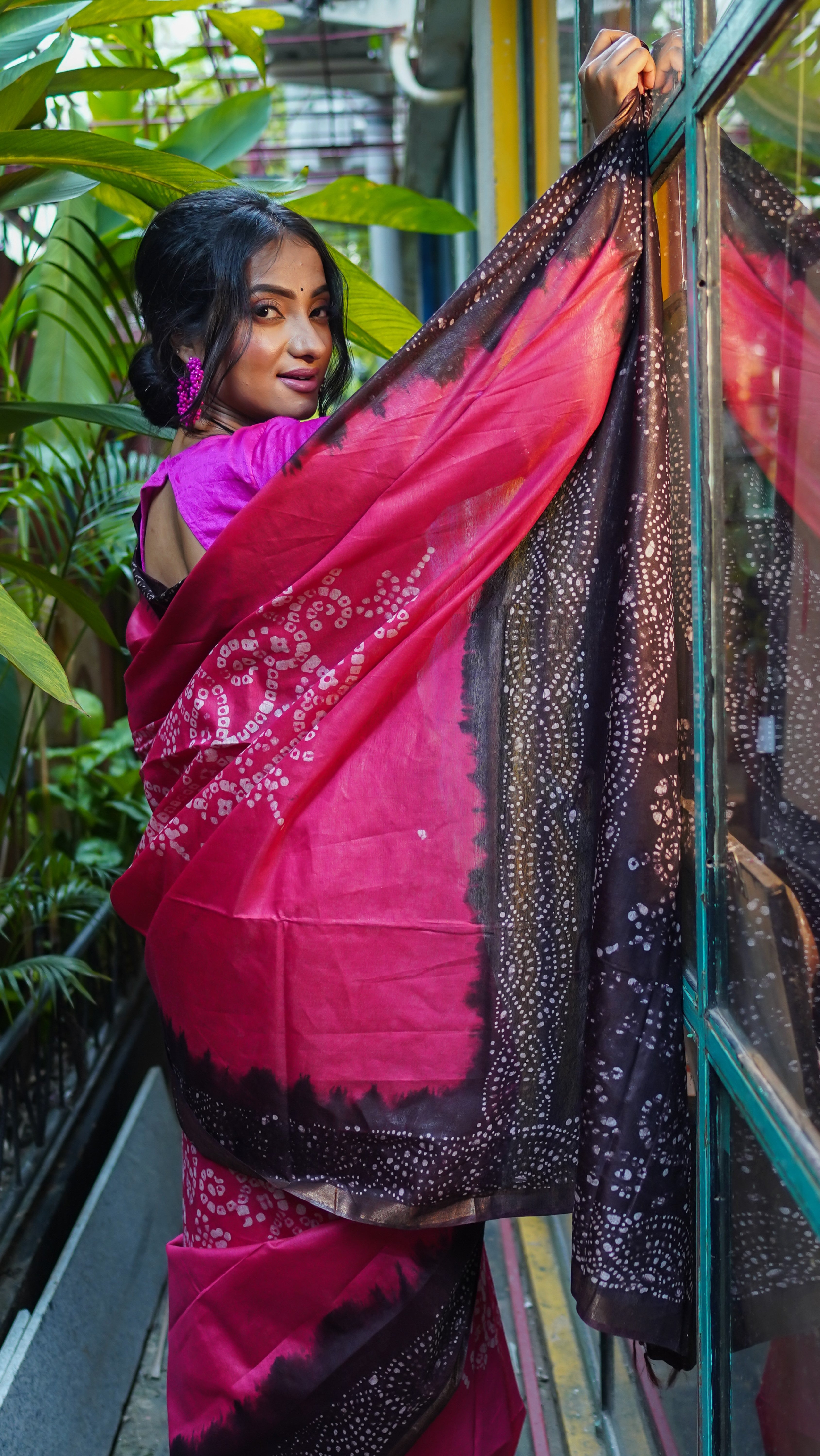 Magenta Bandhani Hand Block Pure Chanderi Silk Saree