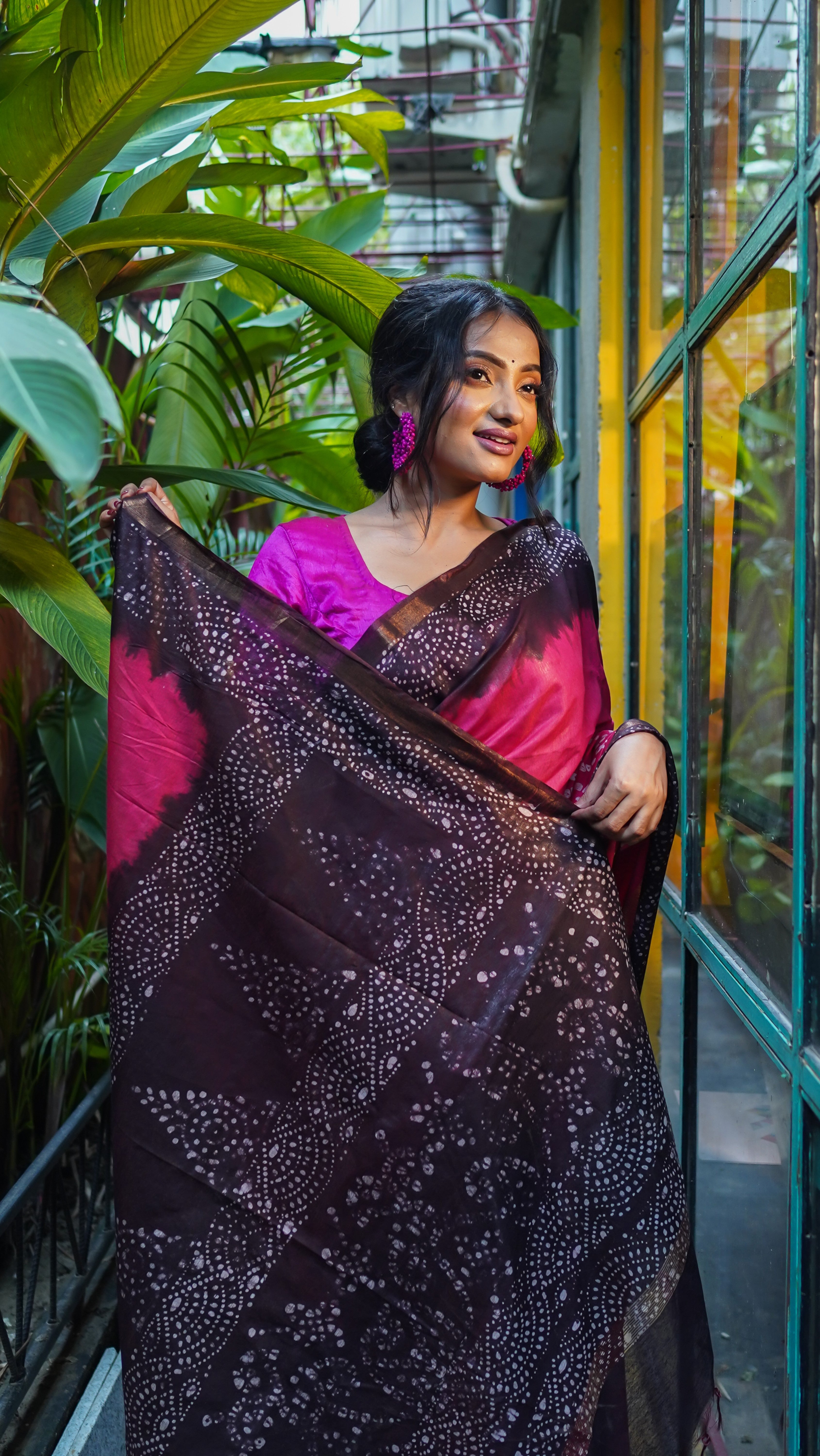 Magenta Bandhani Hand Block Pure Chanderi Silk Saree