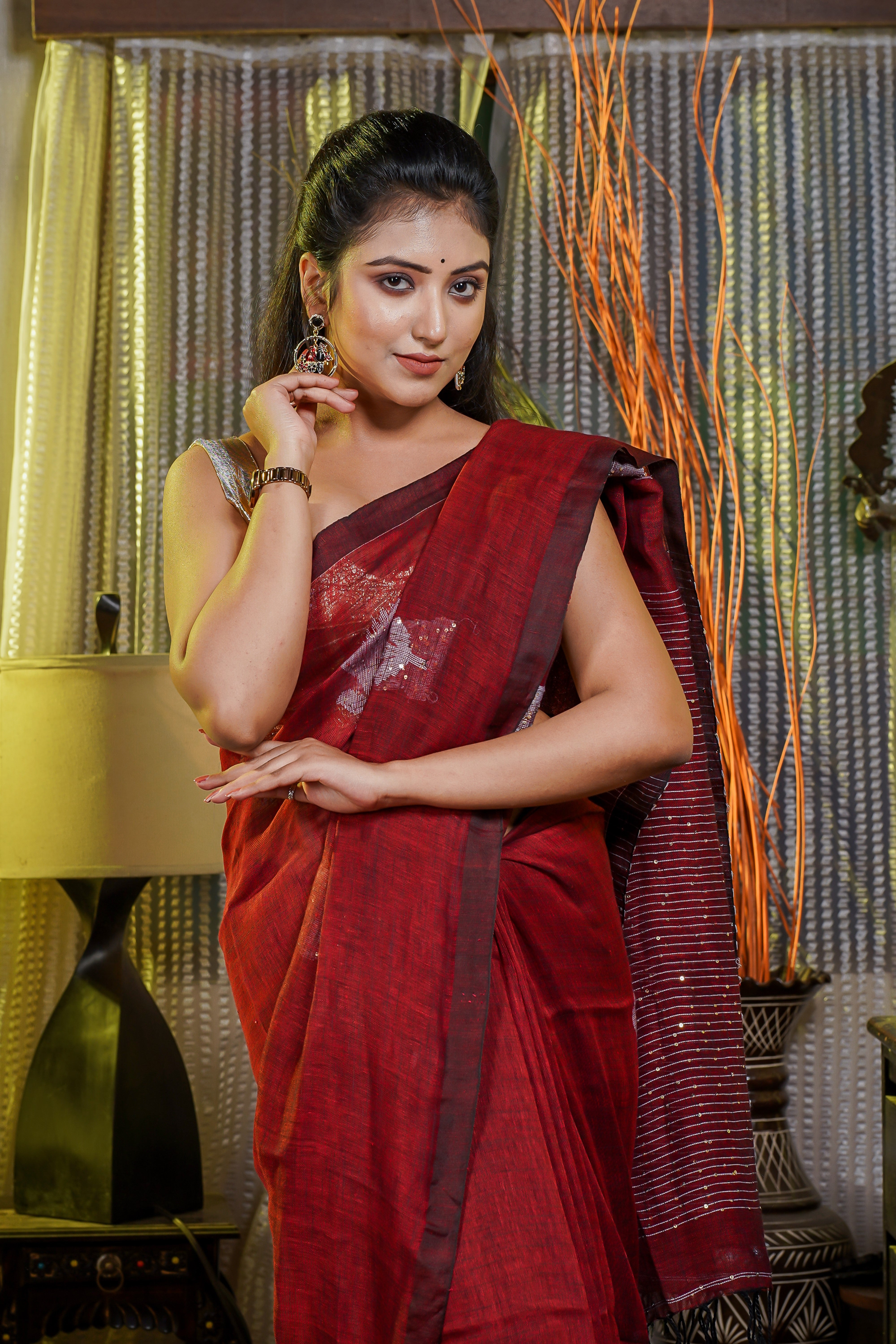 Maroon Handwoven Linen Saree with Sequence Work