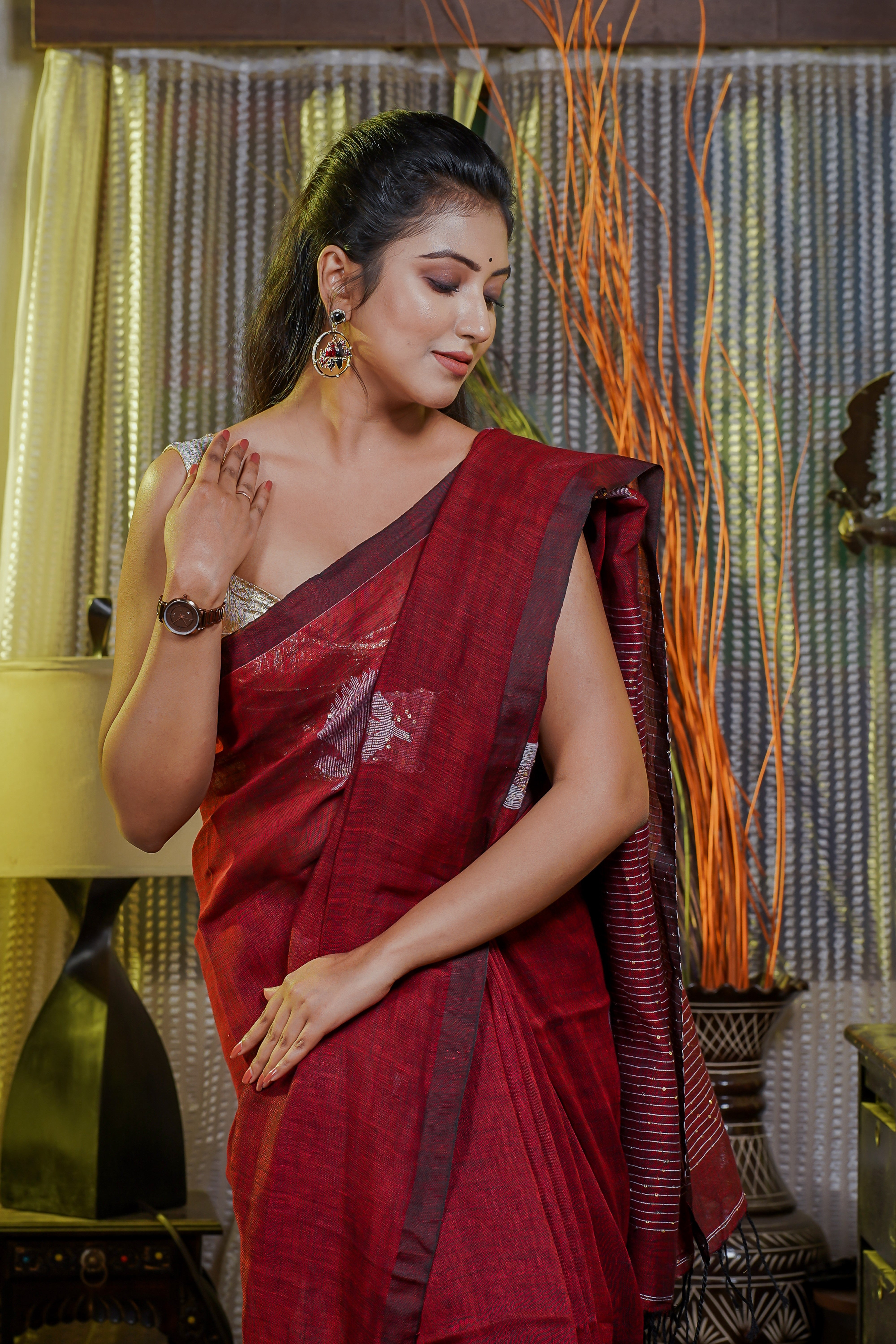 Maroon Handwoven Linen Saree with Sequence Work