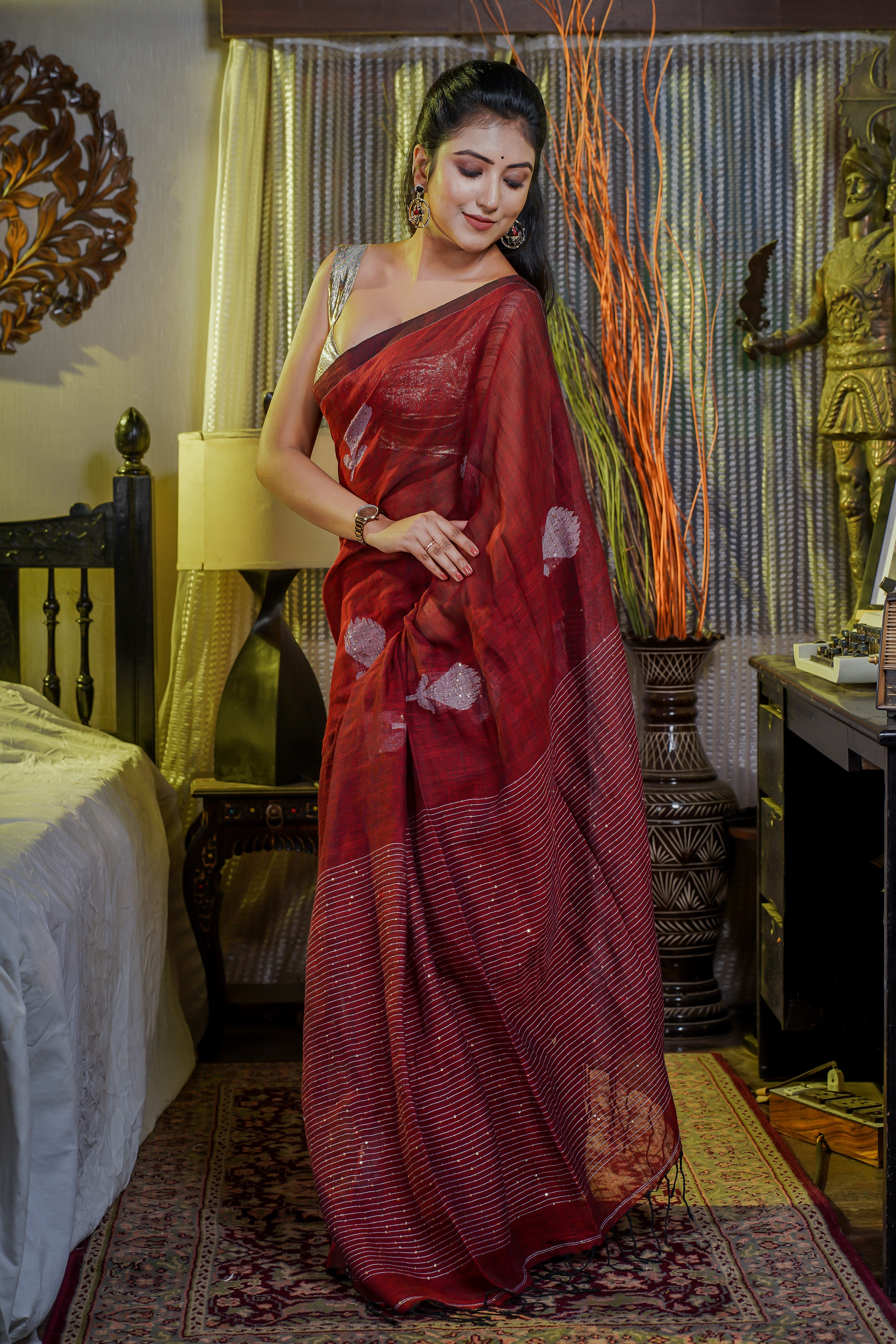 Maroon Handwoven Linen Saree with Sequence Work