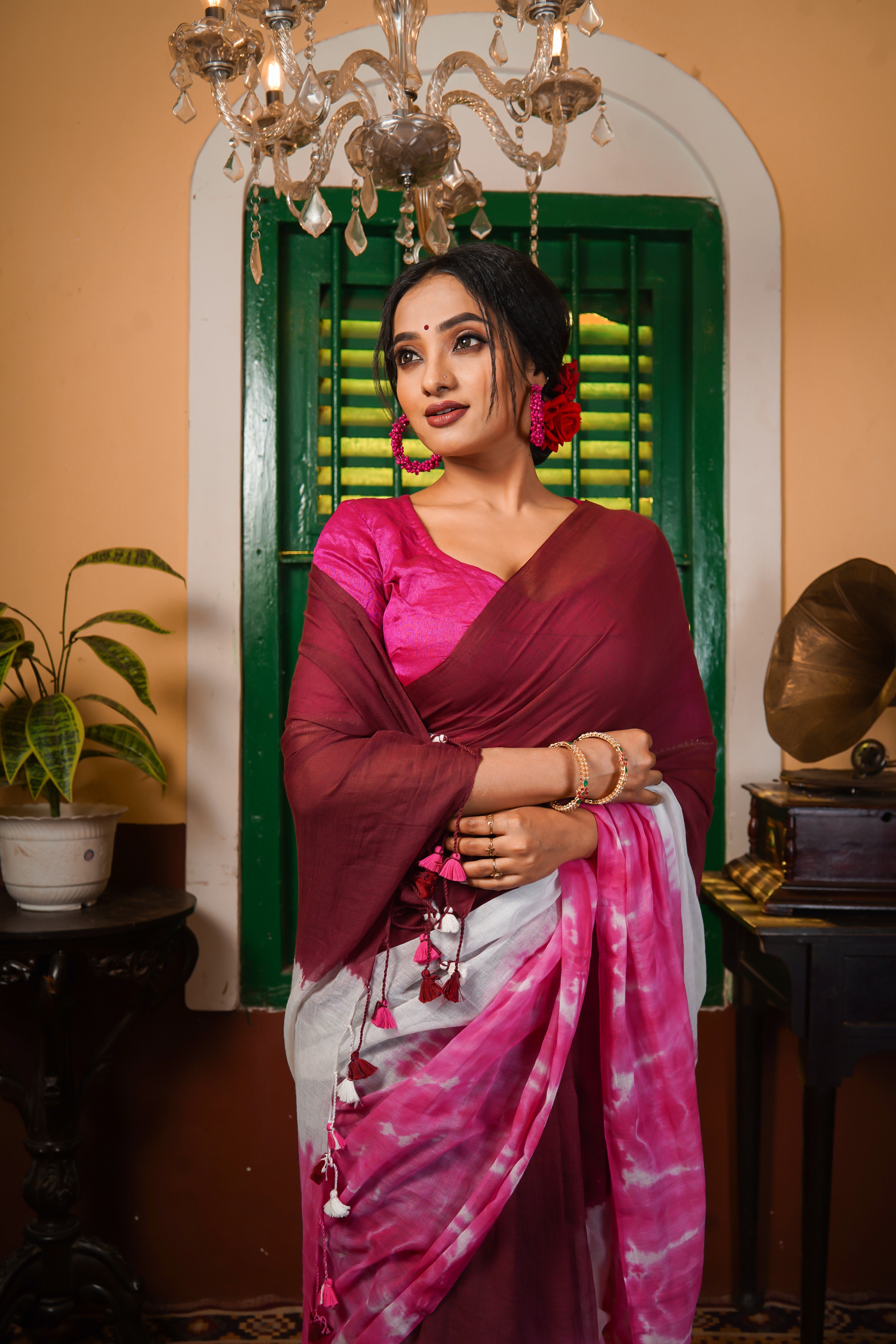 Maroon Multi Shibori Pure Mul Cotton Saree