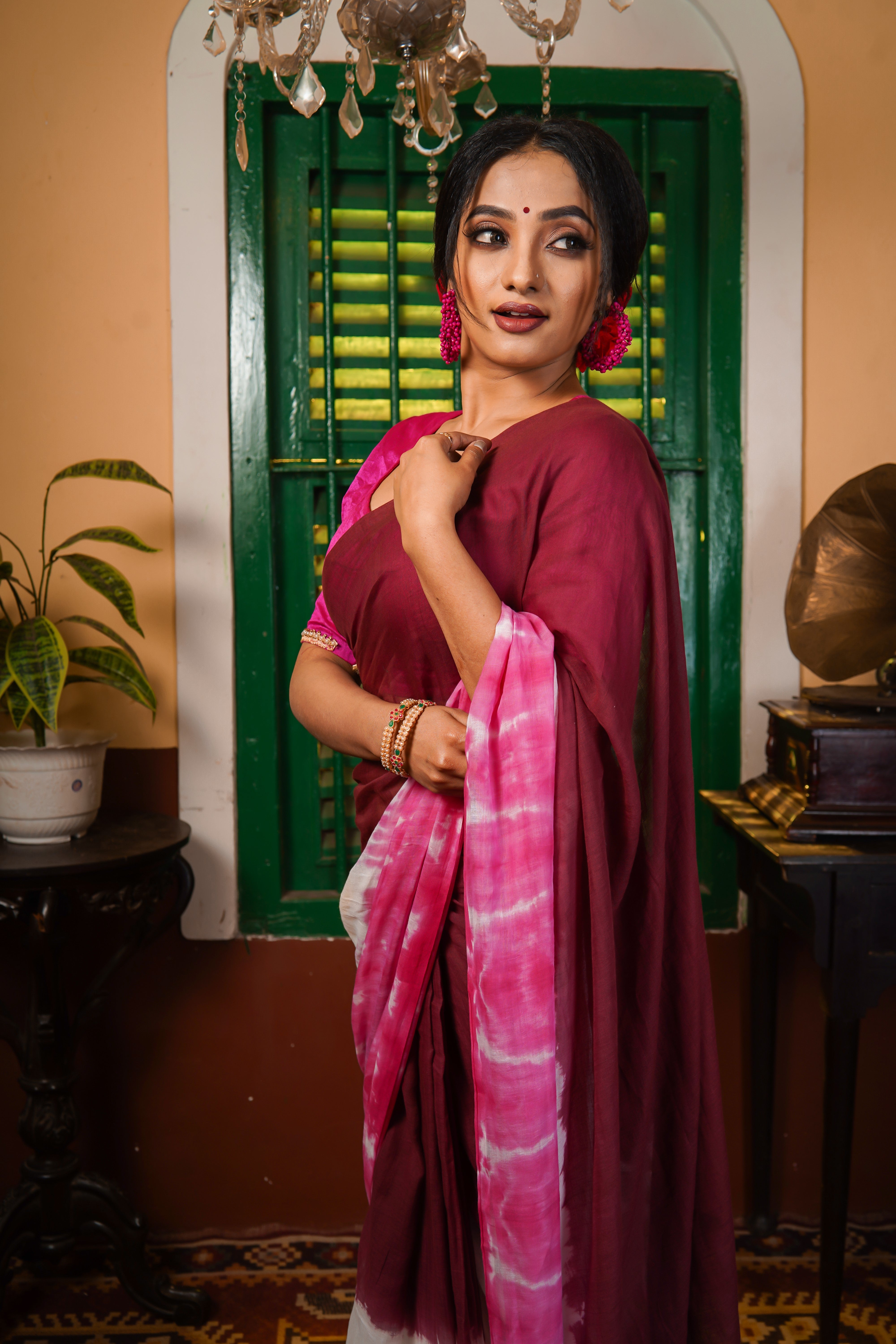 Maroon Multi Shibori Pure Mul Cotton Saree