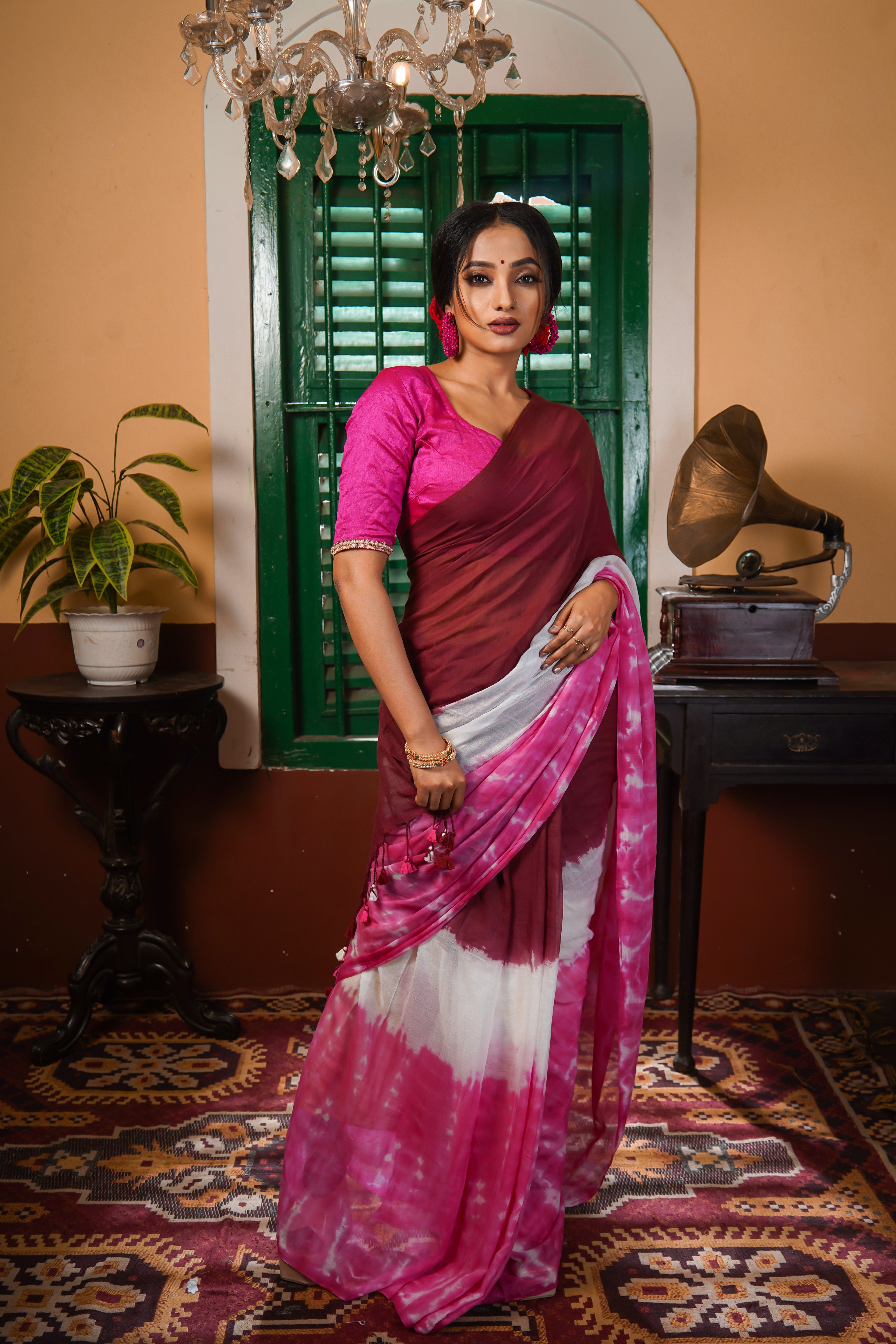 Maroon Multi Shibori Pure Mul Cotton Saree