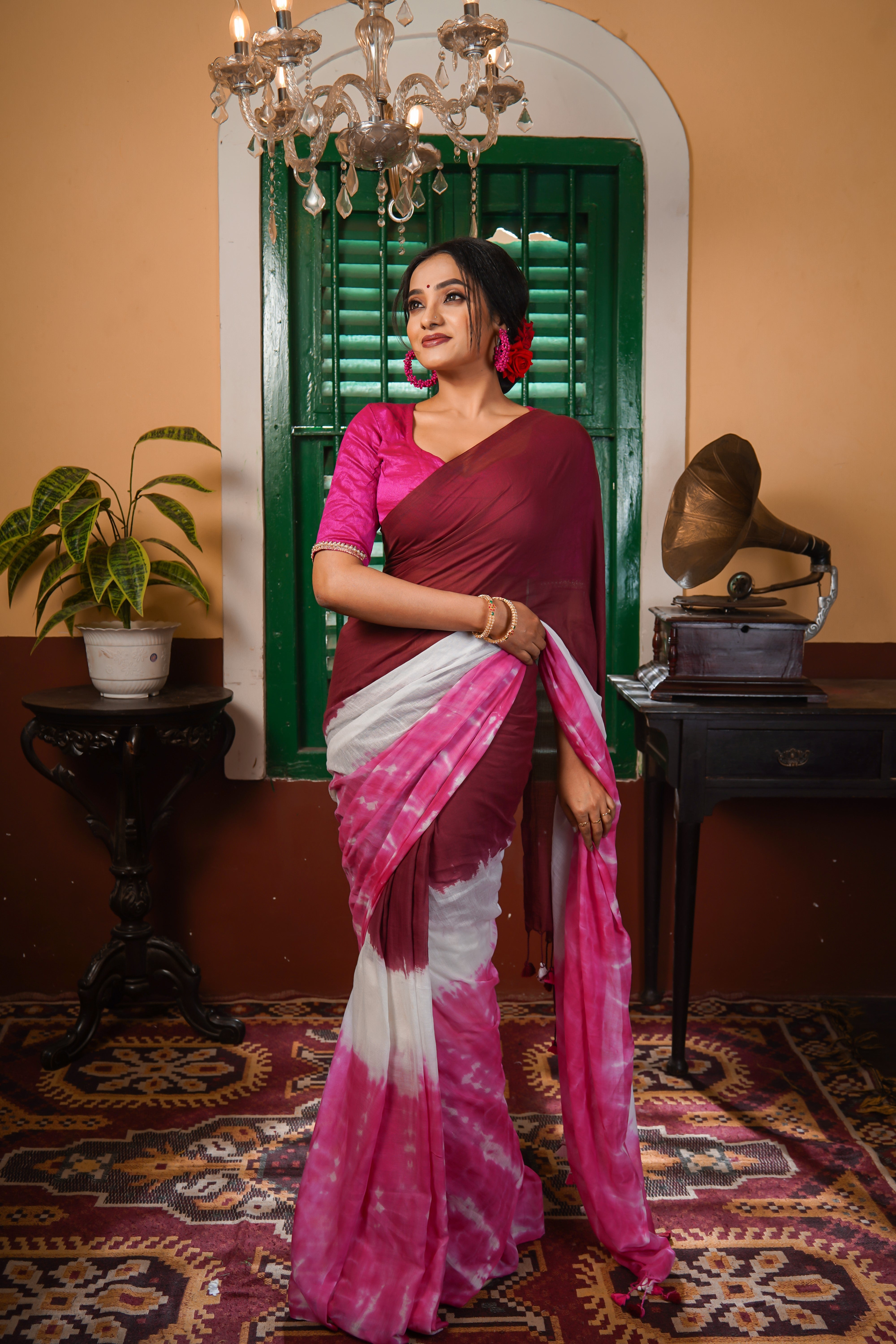 Maroon Multi Shibori Pure Mul Cotton Saree