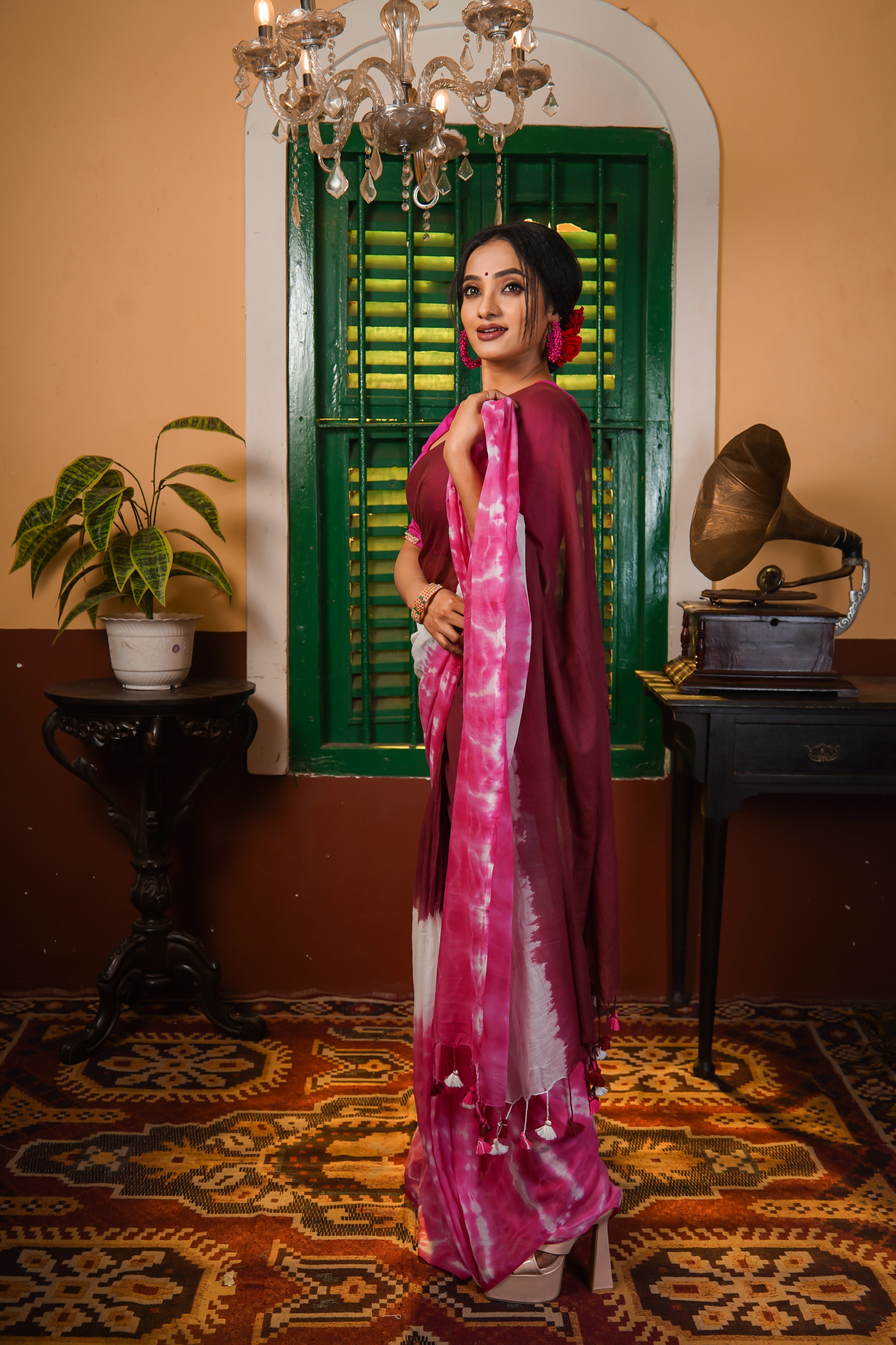 Maroon Multi Shibori Pure Mul Cotton Saree