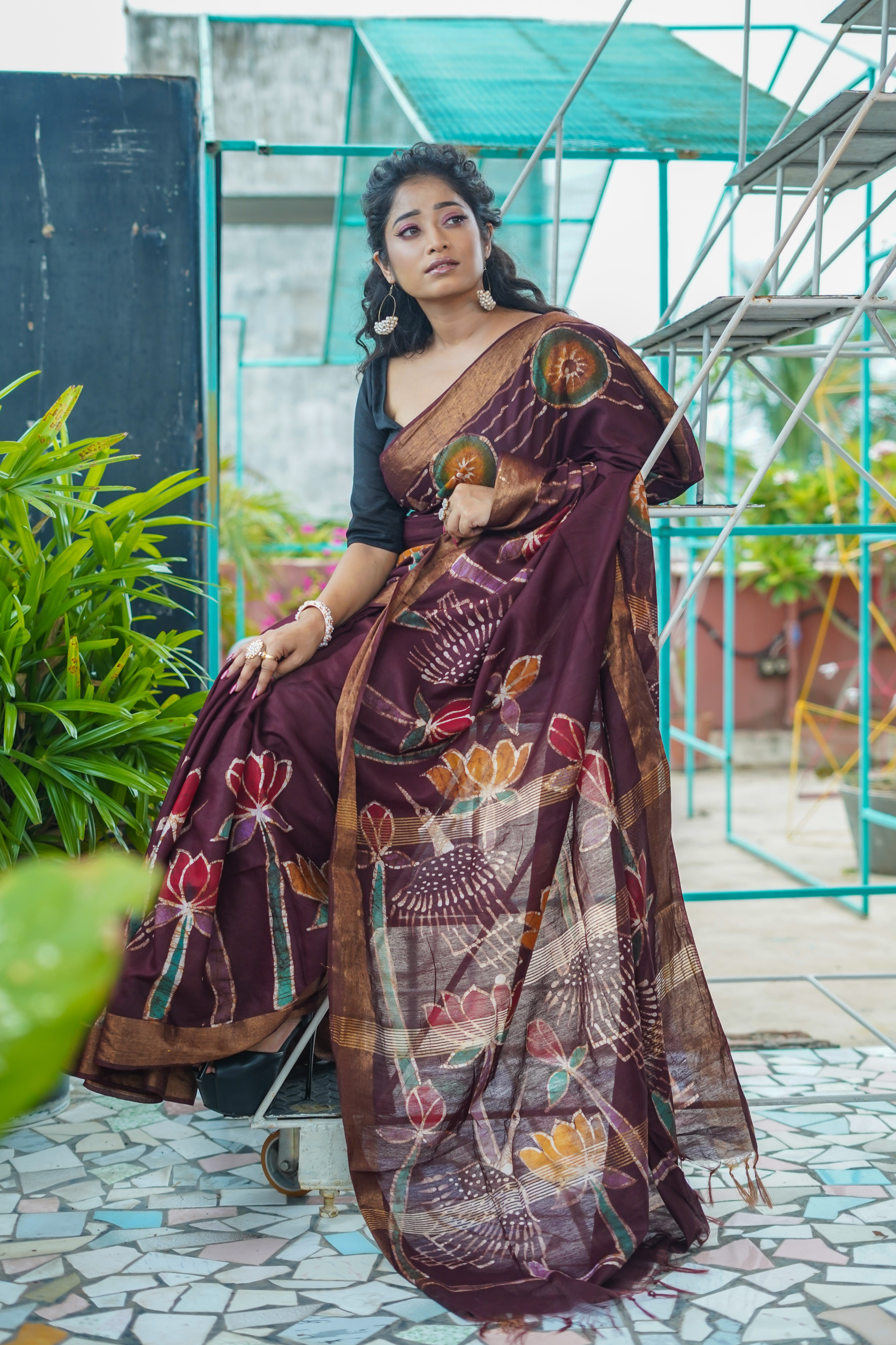 Maroon Hand Block Pure Chanderi Silk Saree