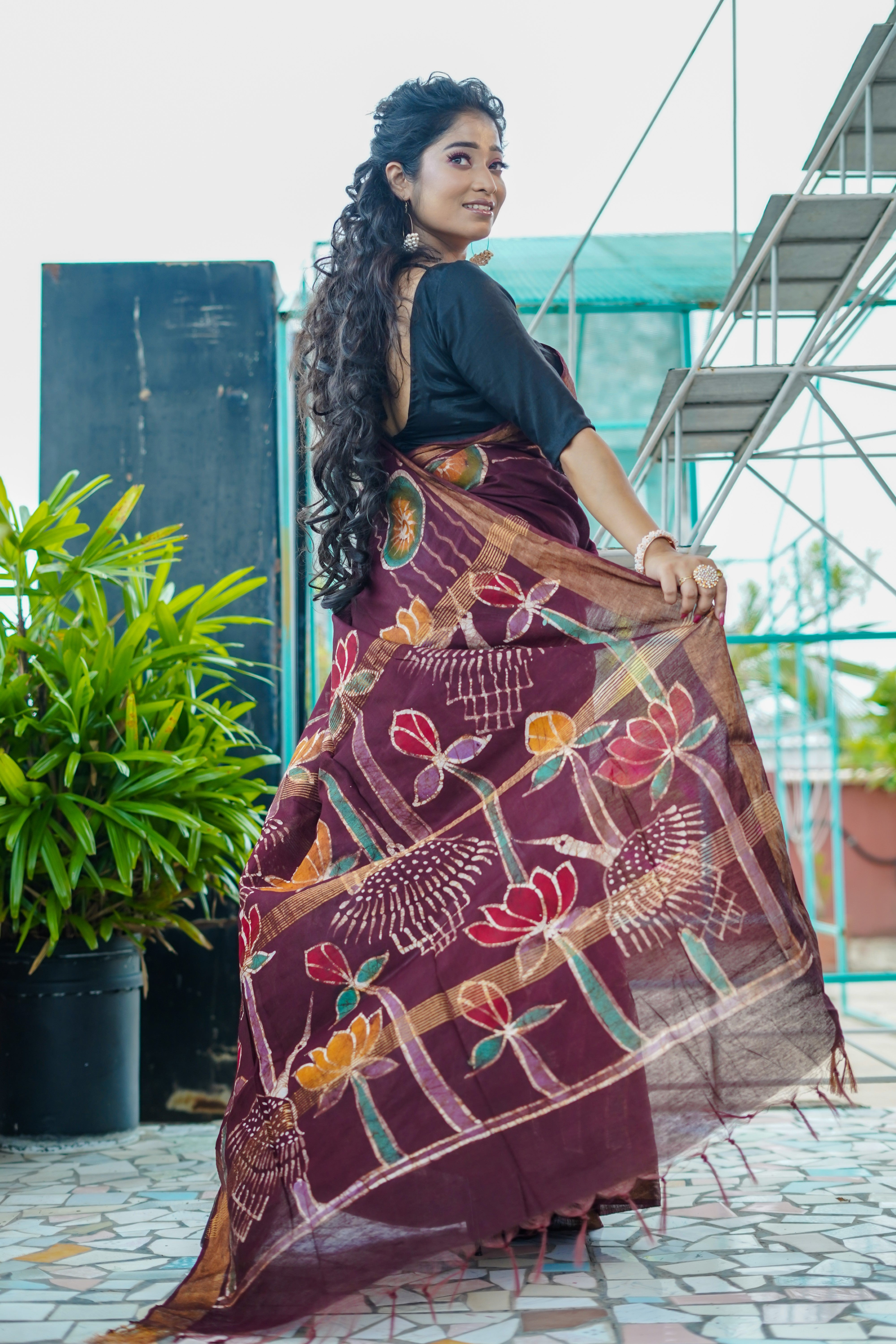 Maroon Hand Block Pure Chanderi Silk Saree