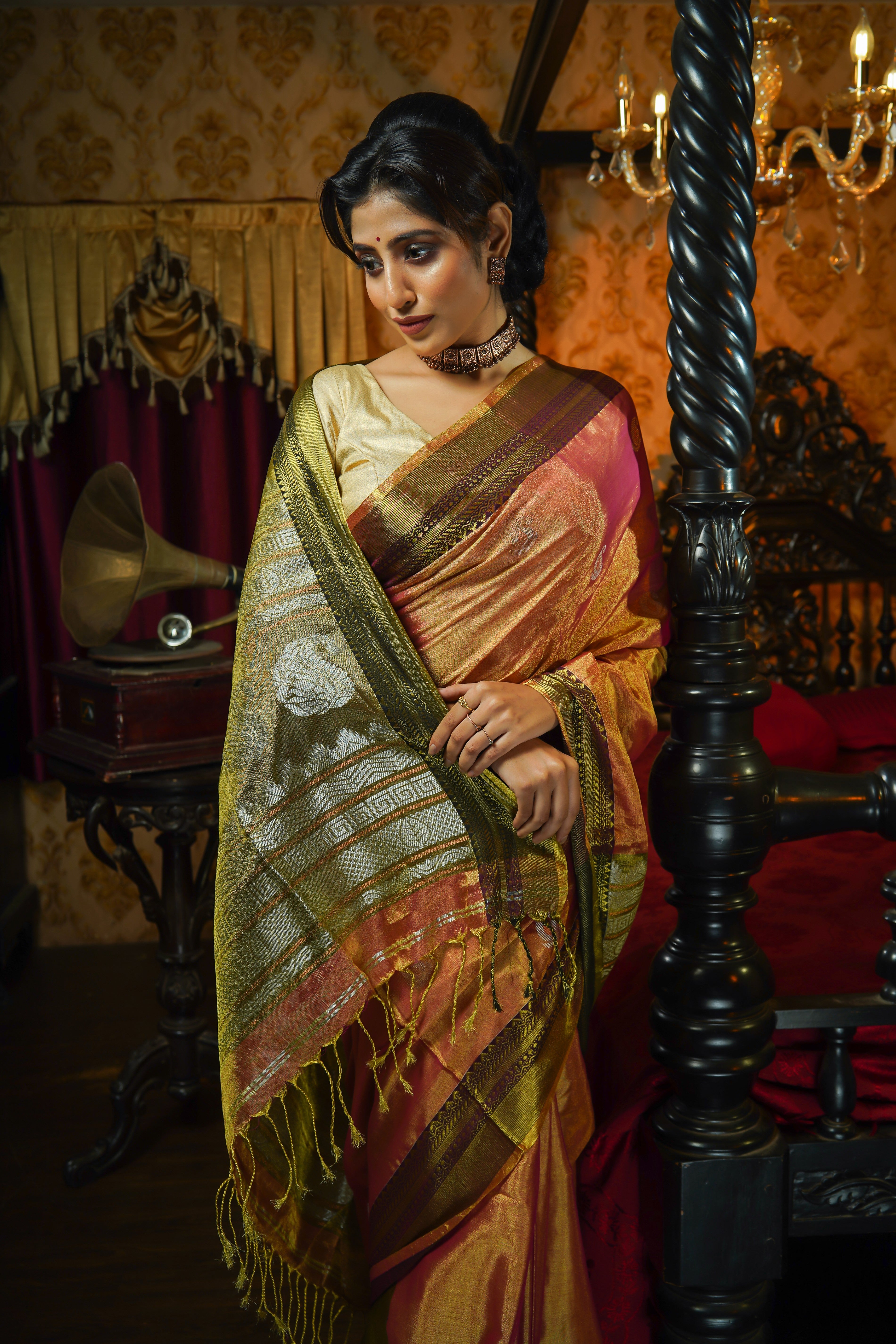 Metallic Orange Pure Tissue Linen Hand Woven Jamdani Saree