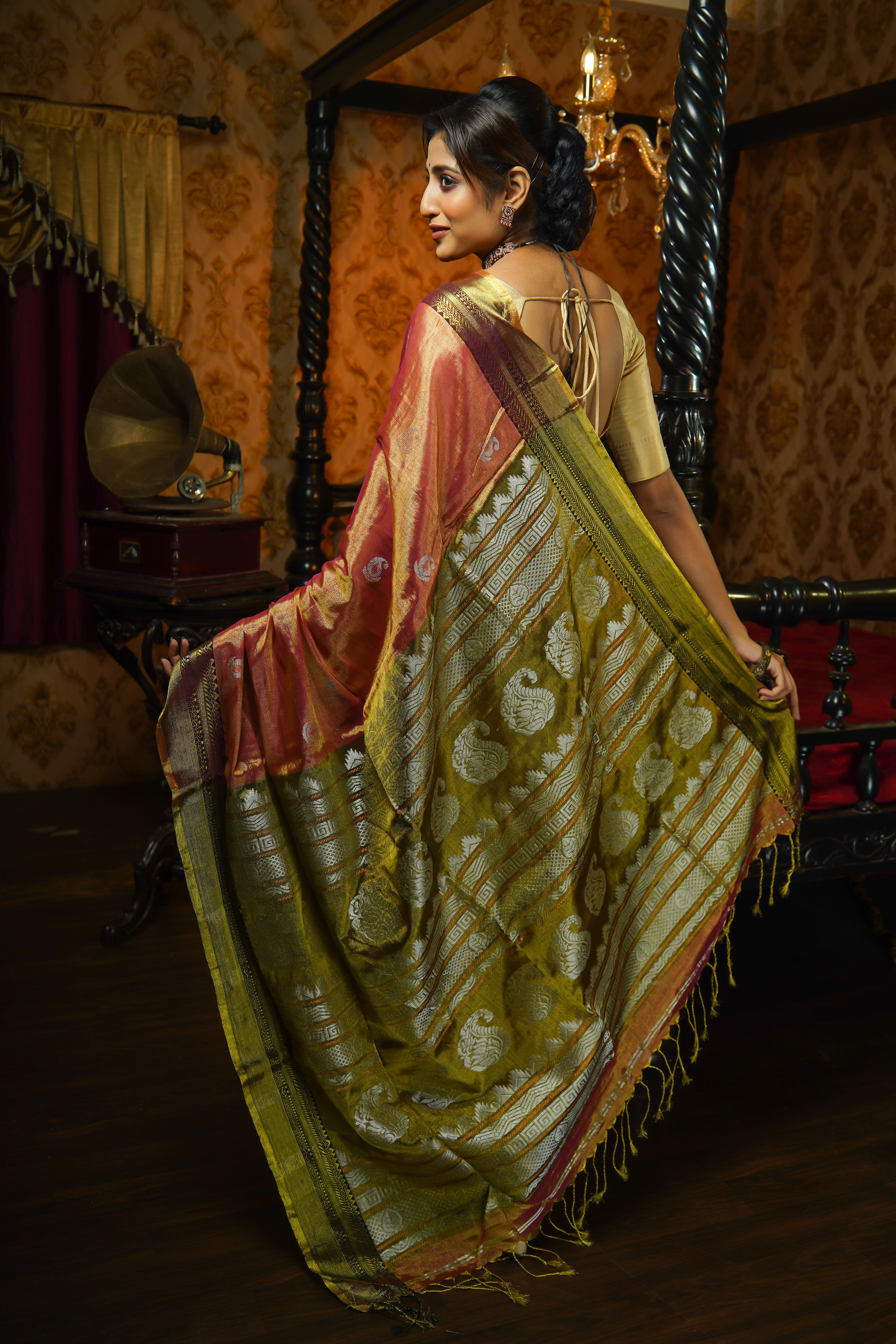 Metallic Orange Pure Tissue Linen Hand Woven Jamdani Saree