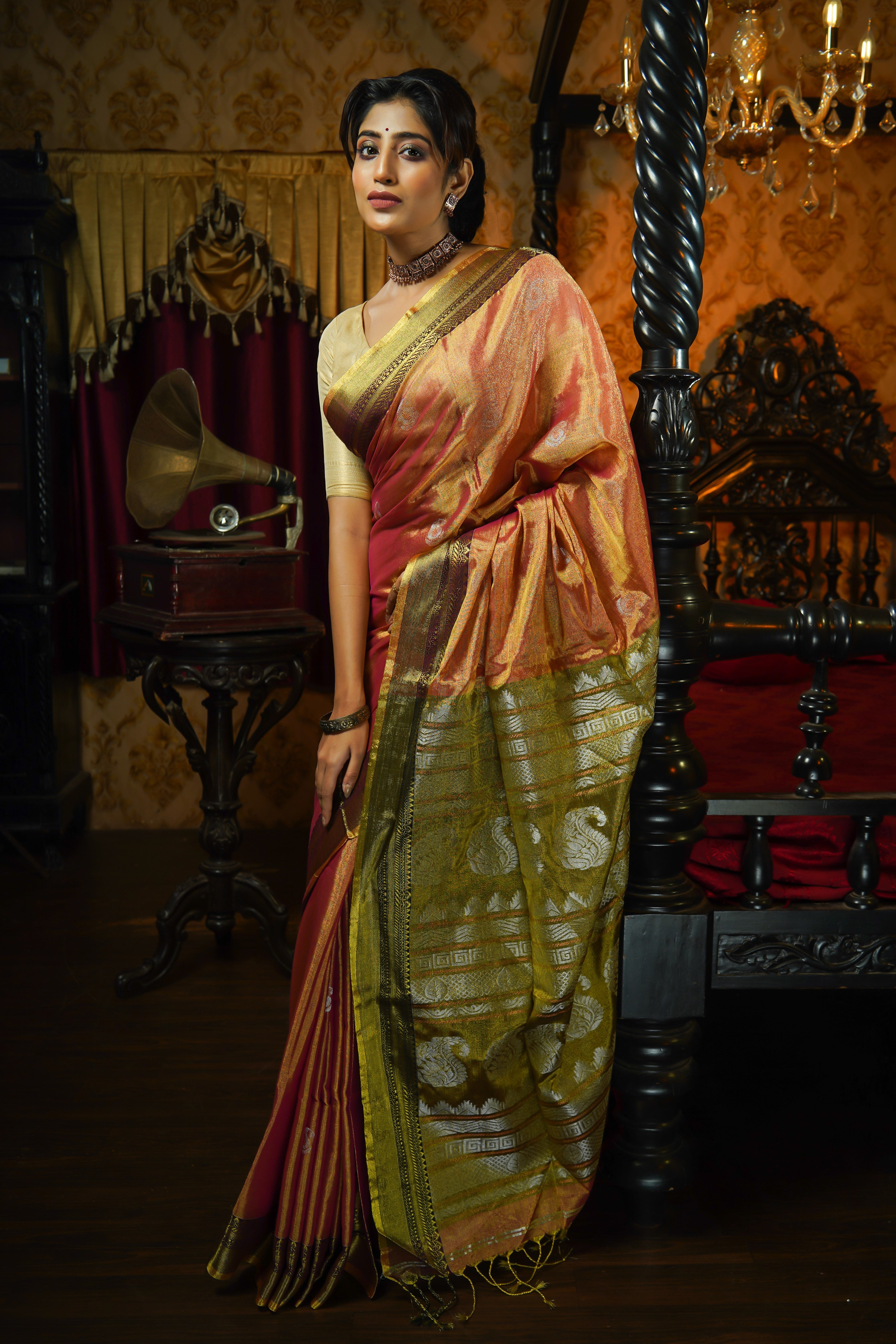 Metallic Orange Pure Tissue Linen Hand Woven Jamdani Saree