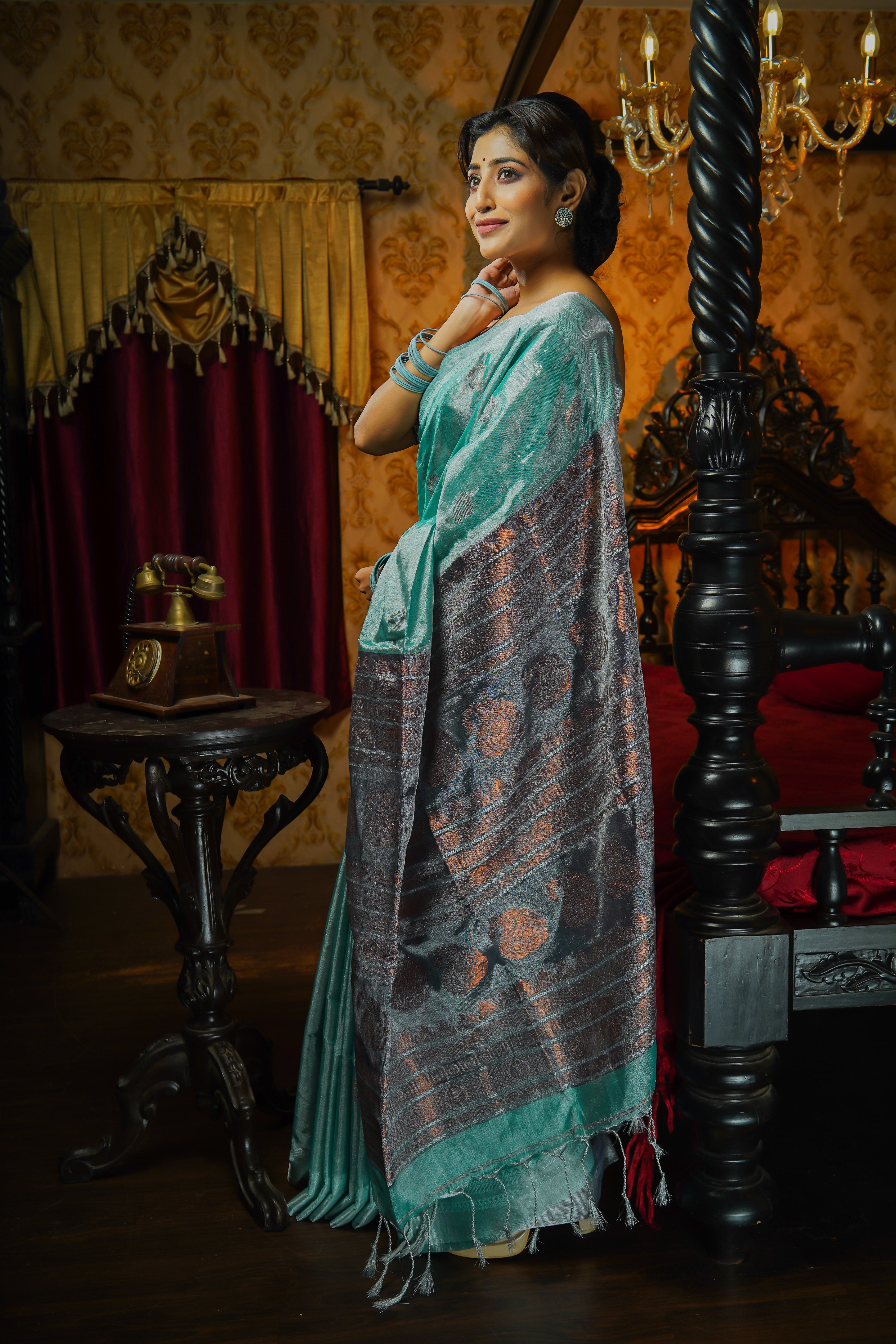 Metallic Turquoise Blue Pure Tissue Linen Hand Woven Jamdani Saree