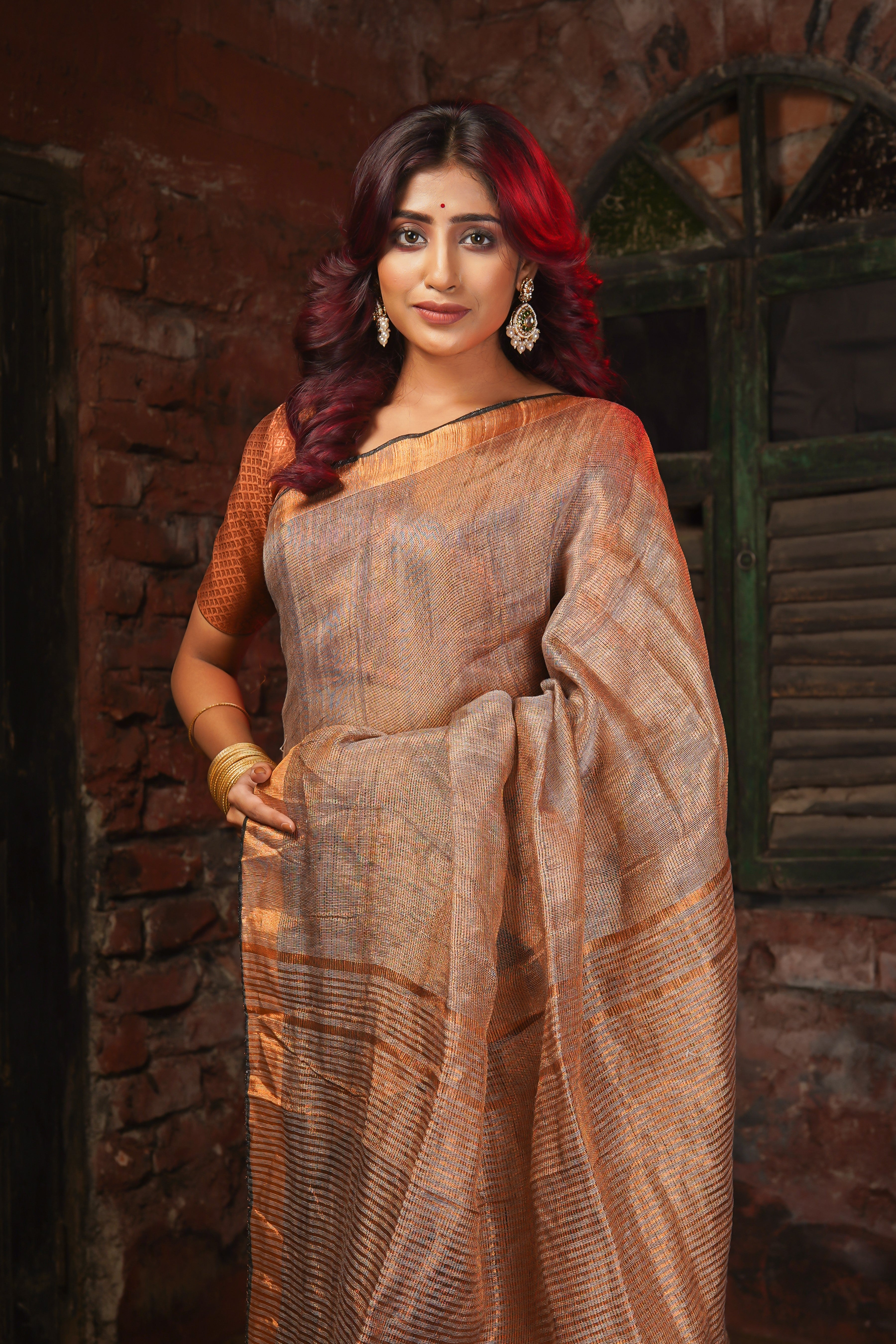 Mocha Dual Tone Tissue Linen Saree