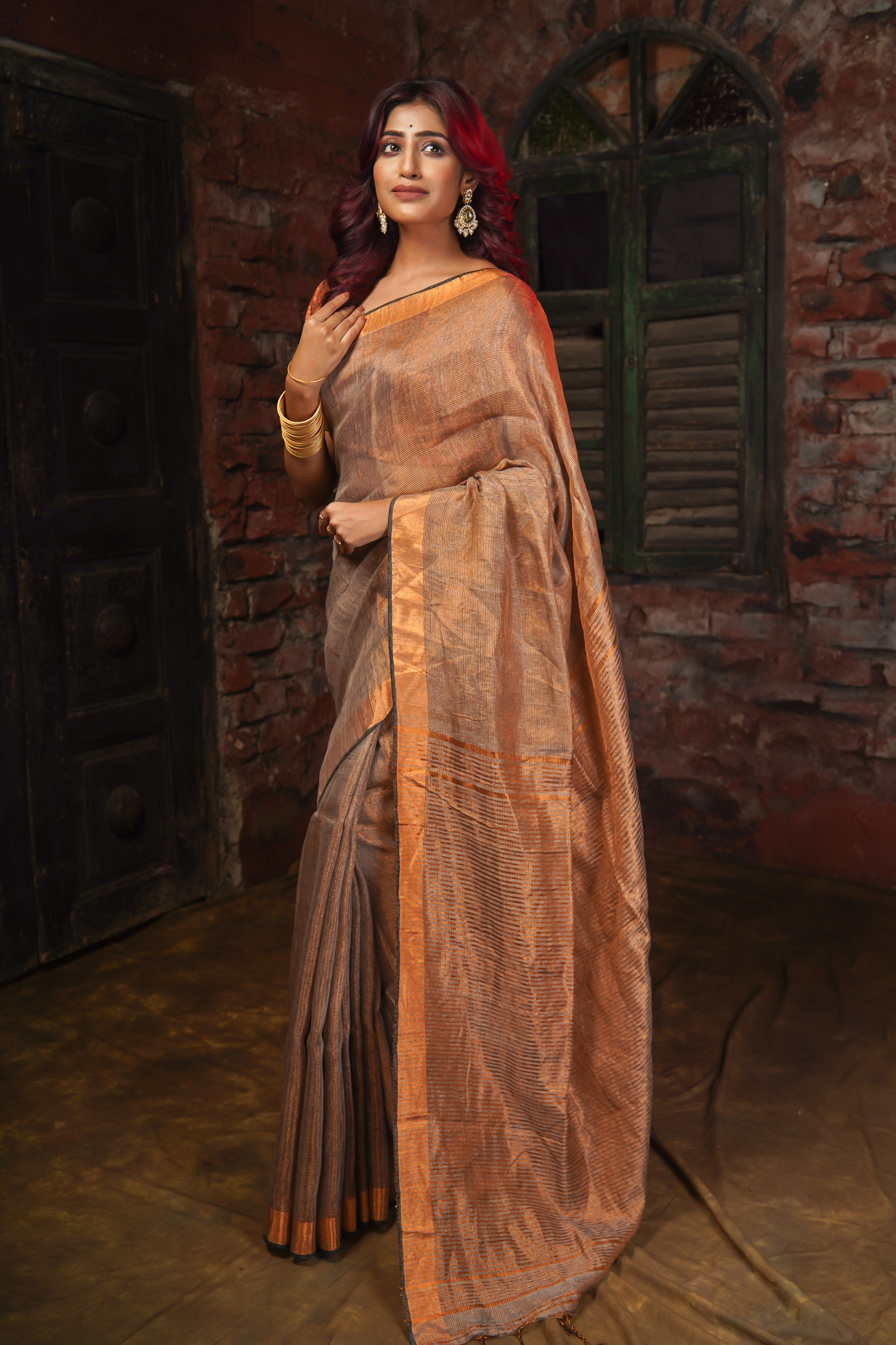 Mocha Dual Tone Tissue Linen Saree