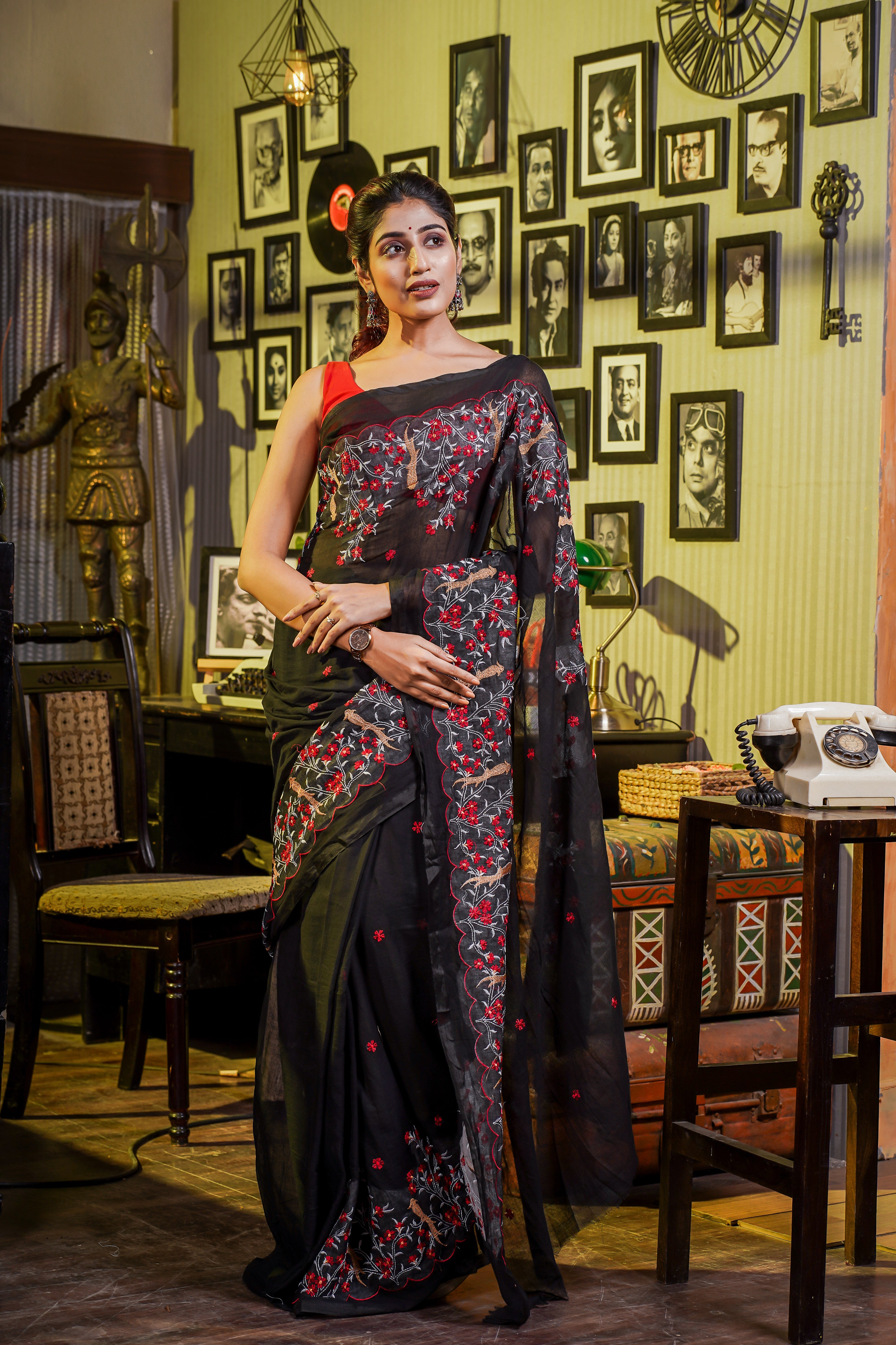 Mul Mul Cotton Embroidery Saree- Black & Red