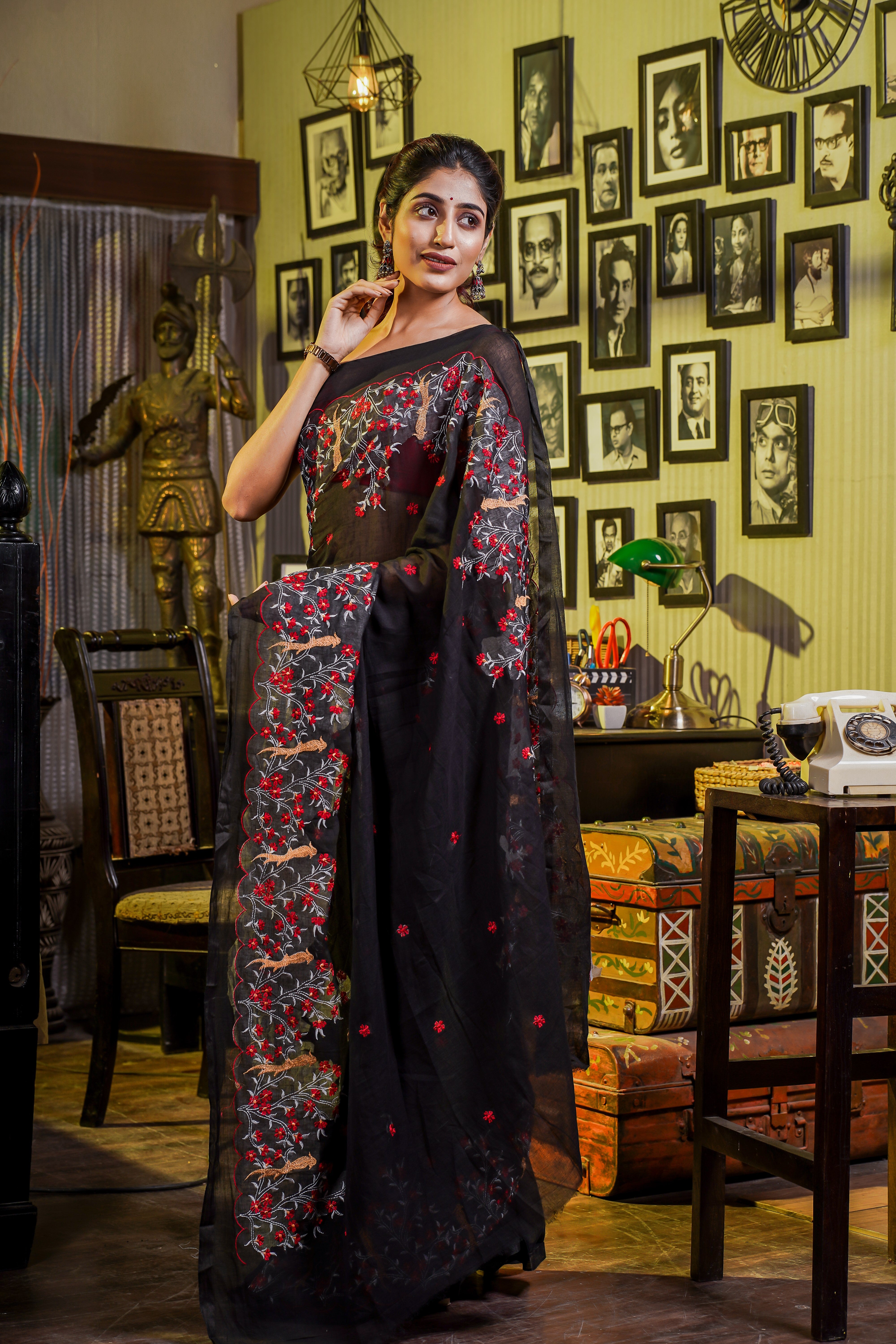 Mul Mul Cotton Embroidery Saree- Black & Red