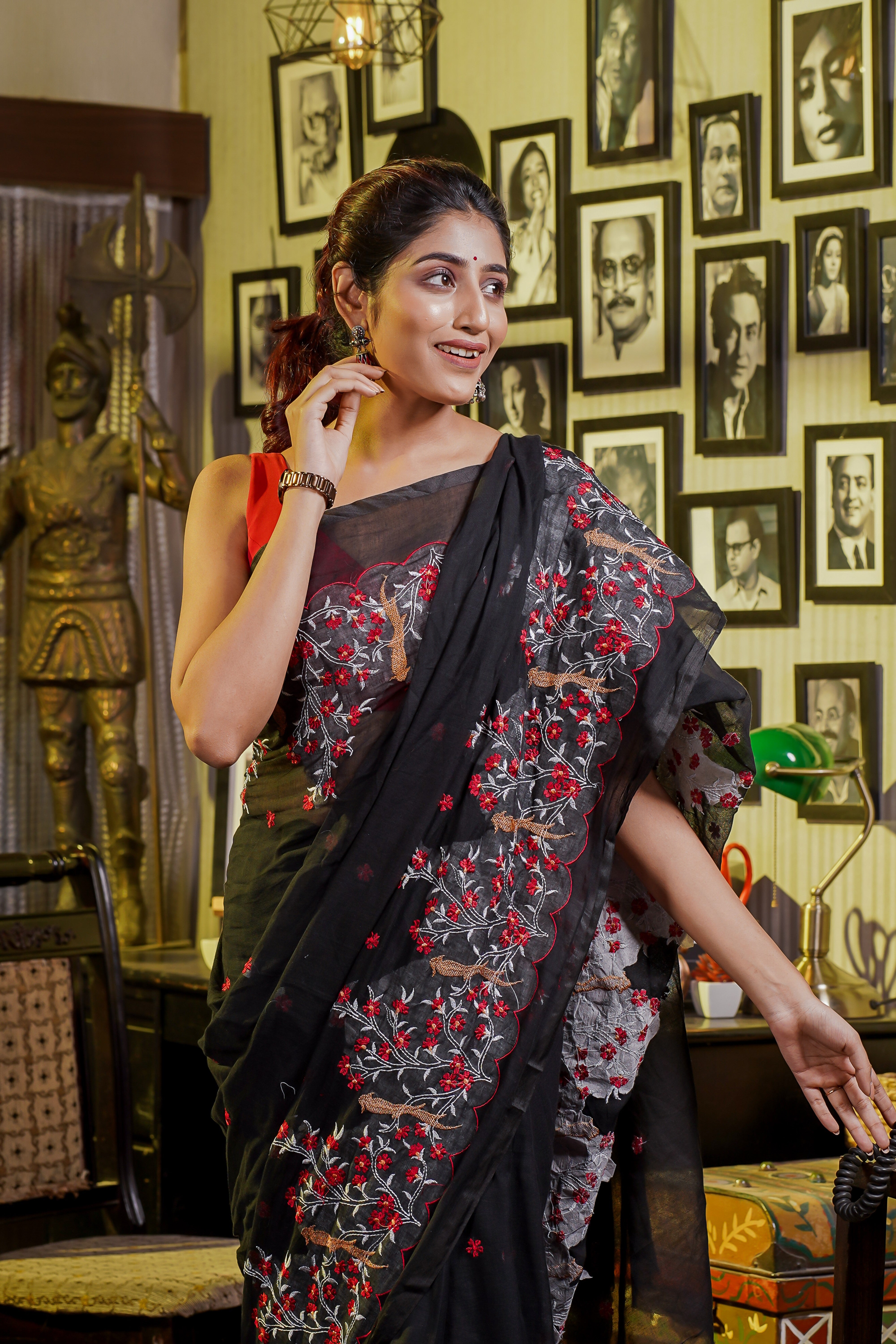 Mul Mul Cotton Embroidery Saree- Black & Red