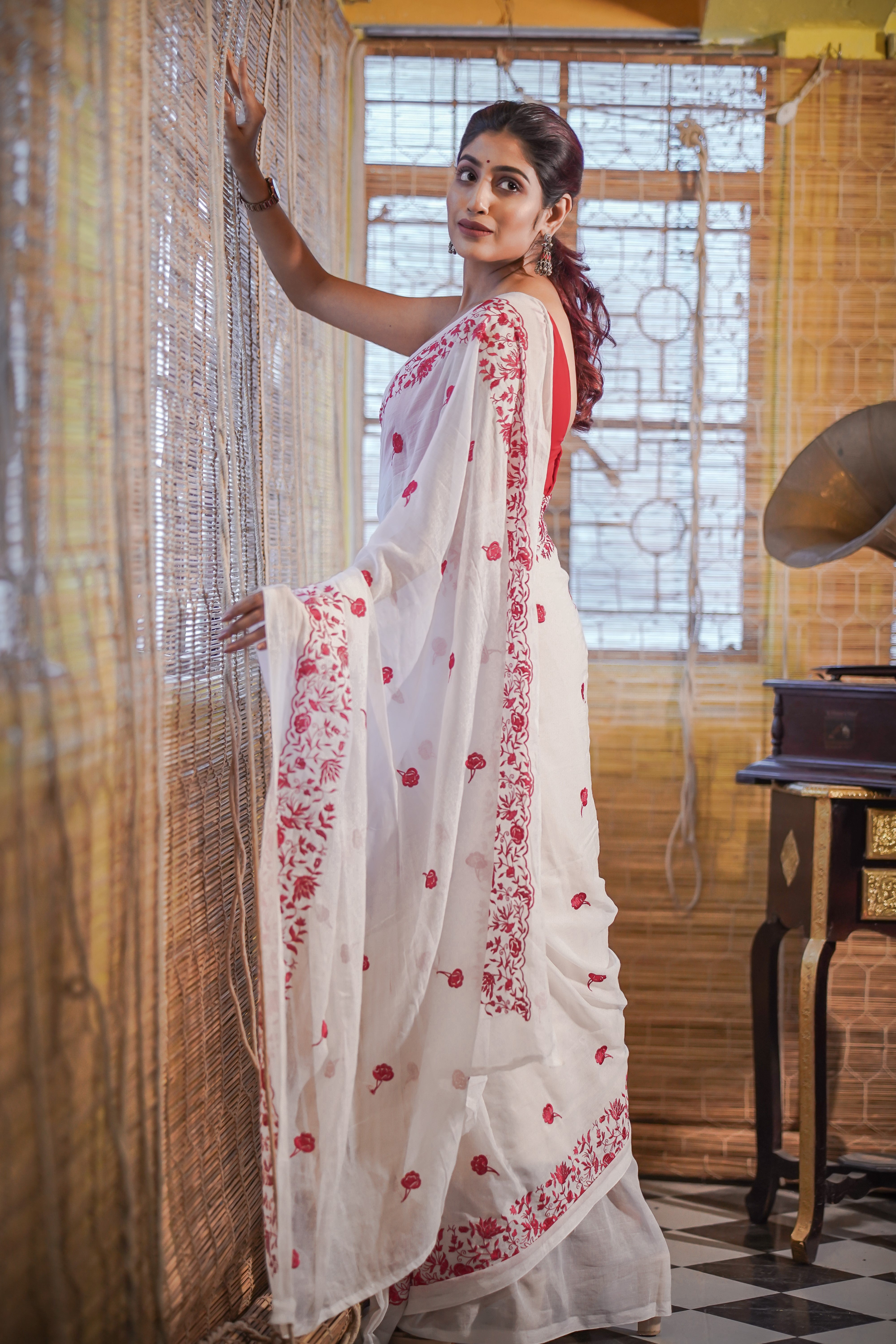 Mul Mul Cotton Embroidery Saree- White & Red