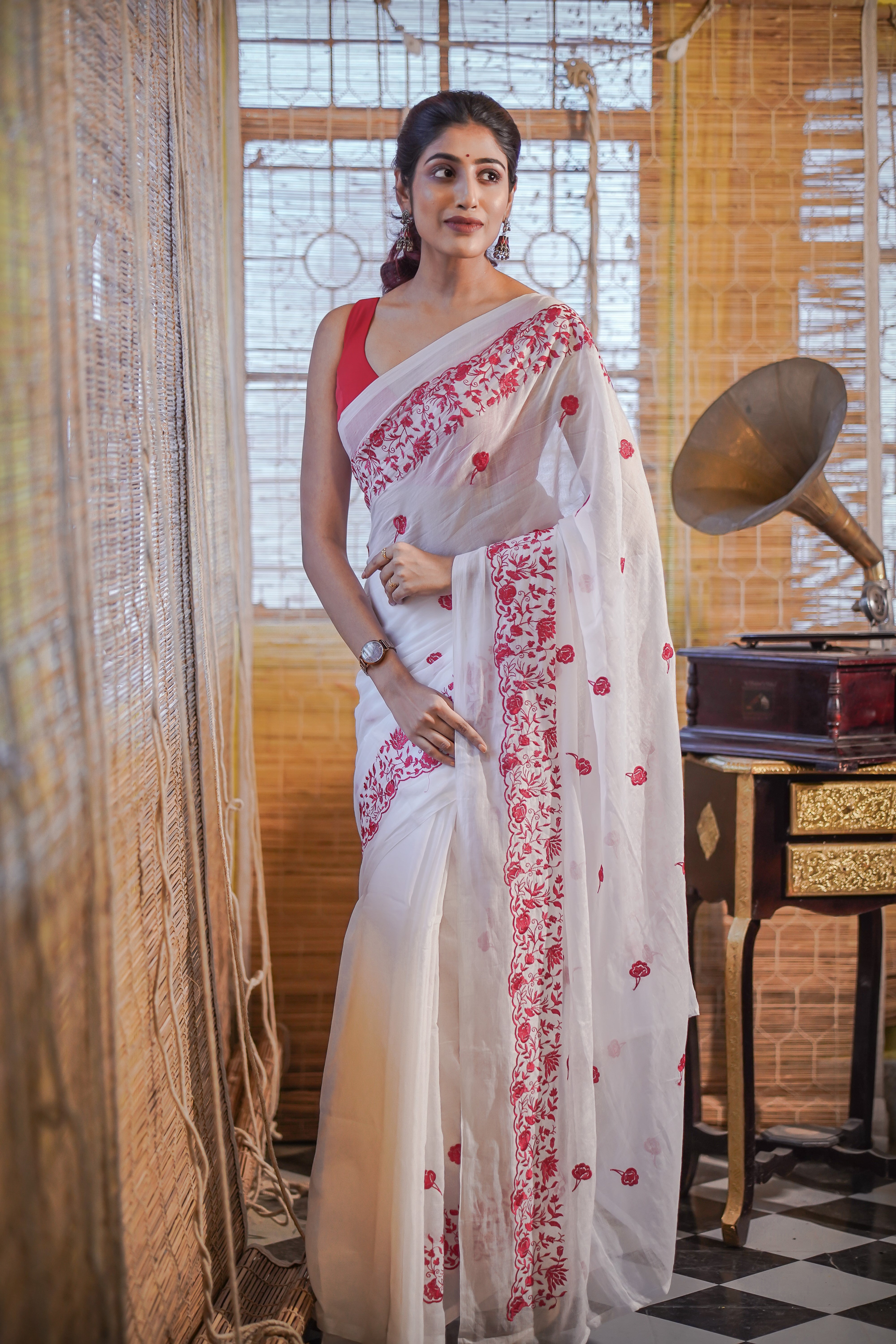 Mul Mul Cotton Embroidery Saree- White & Red