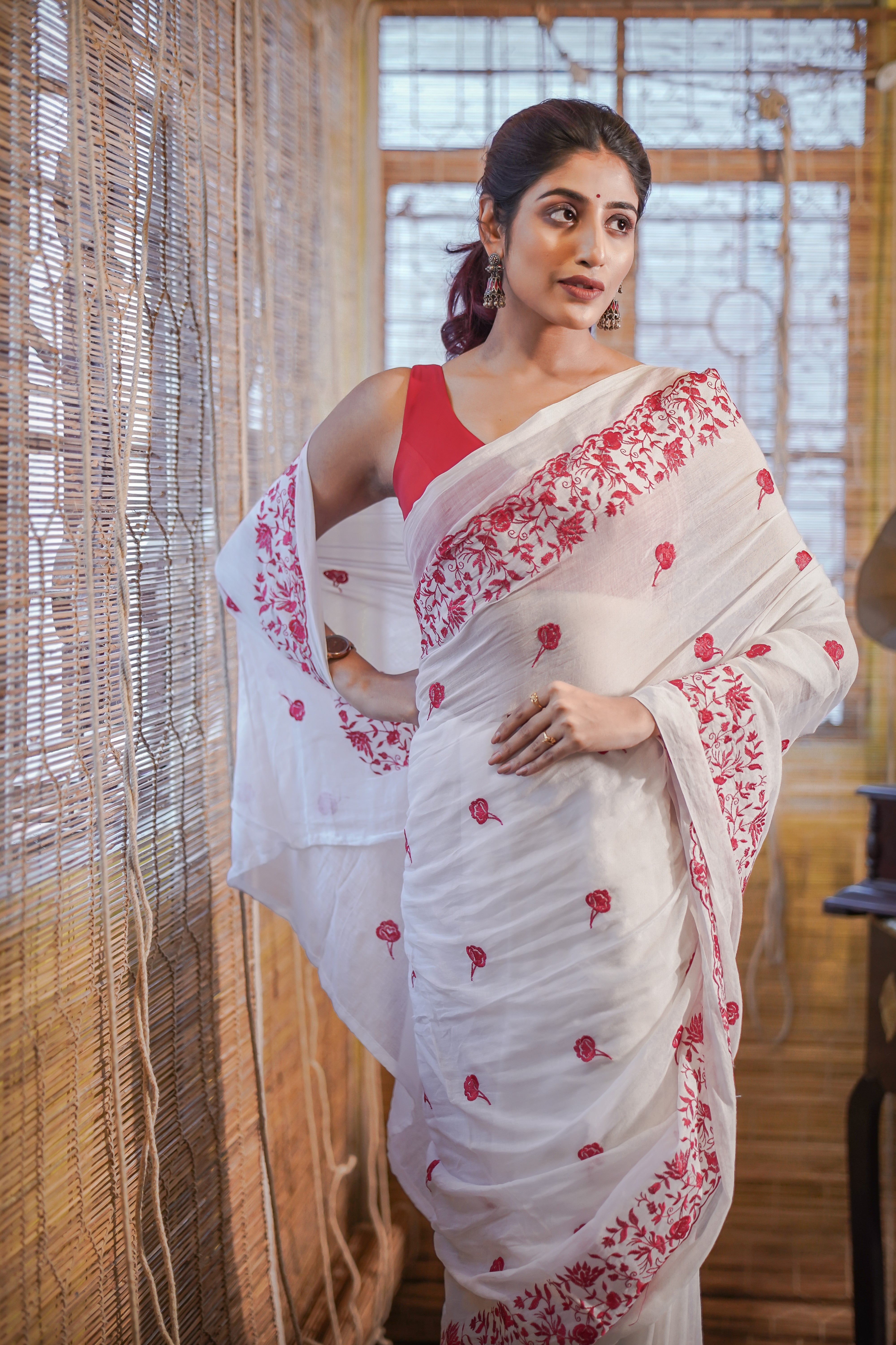 Mul Mul Cotton Embroidery Saree- White & Red