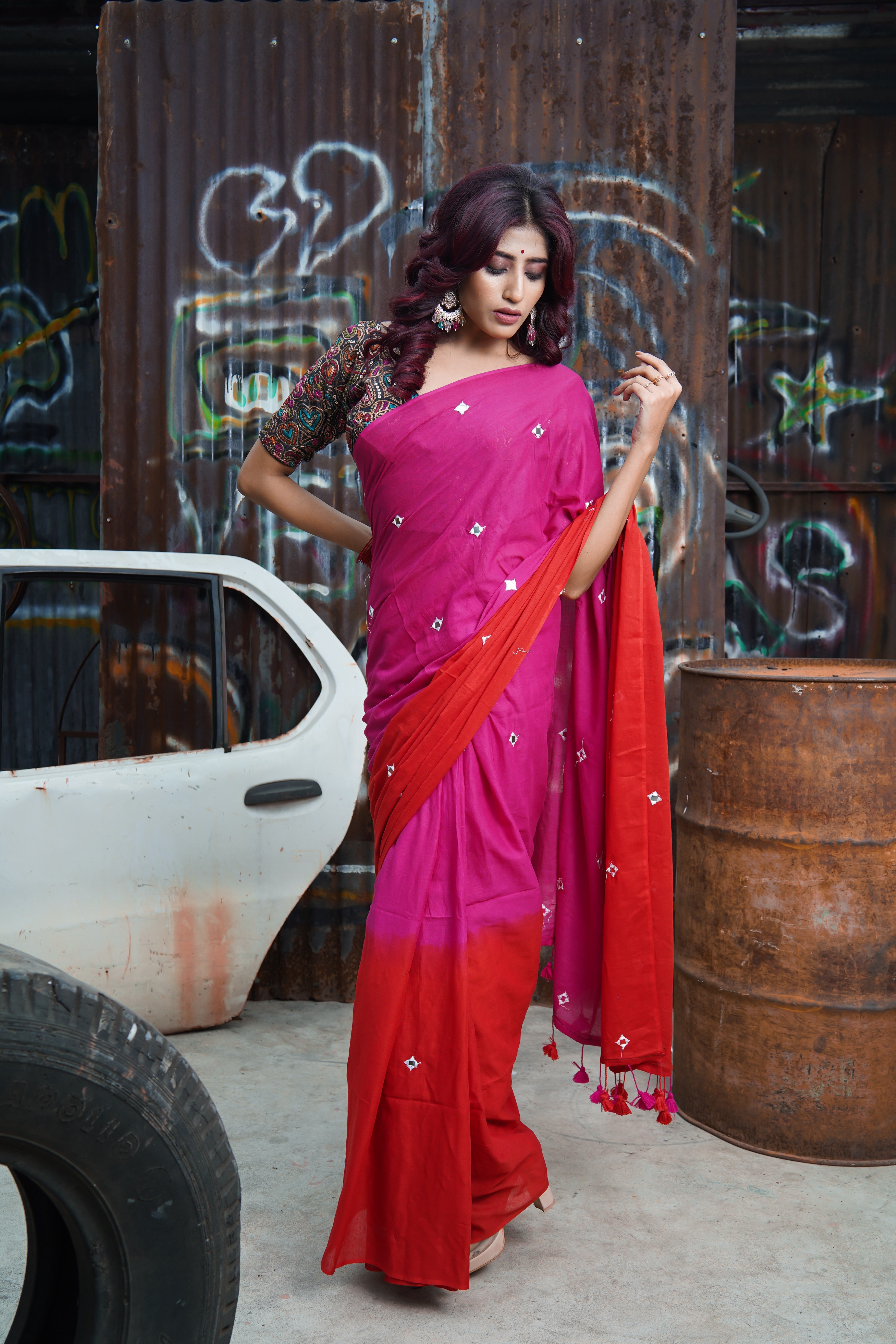 Pure Mul Cotton Mirror Work Saree Red & Rani