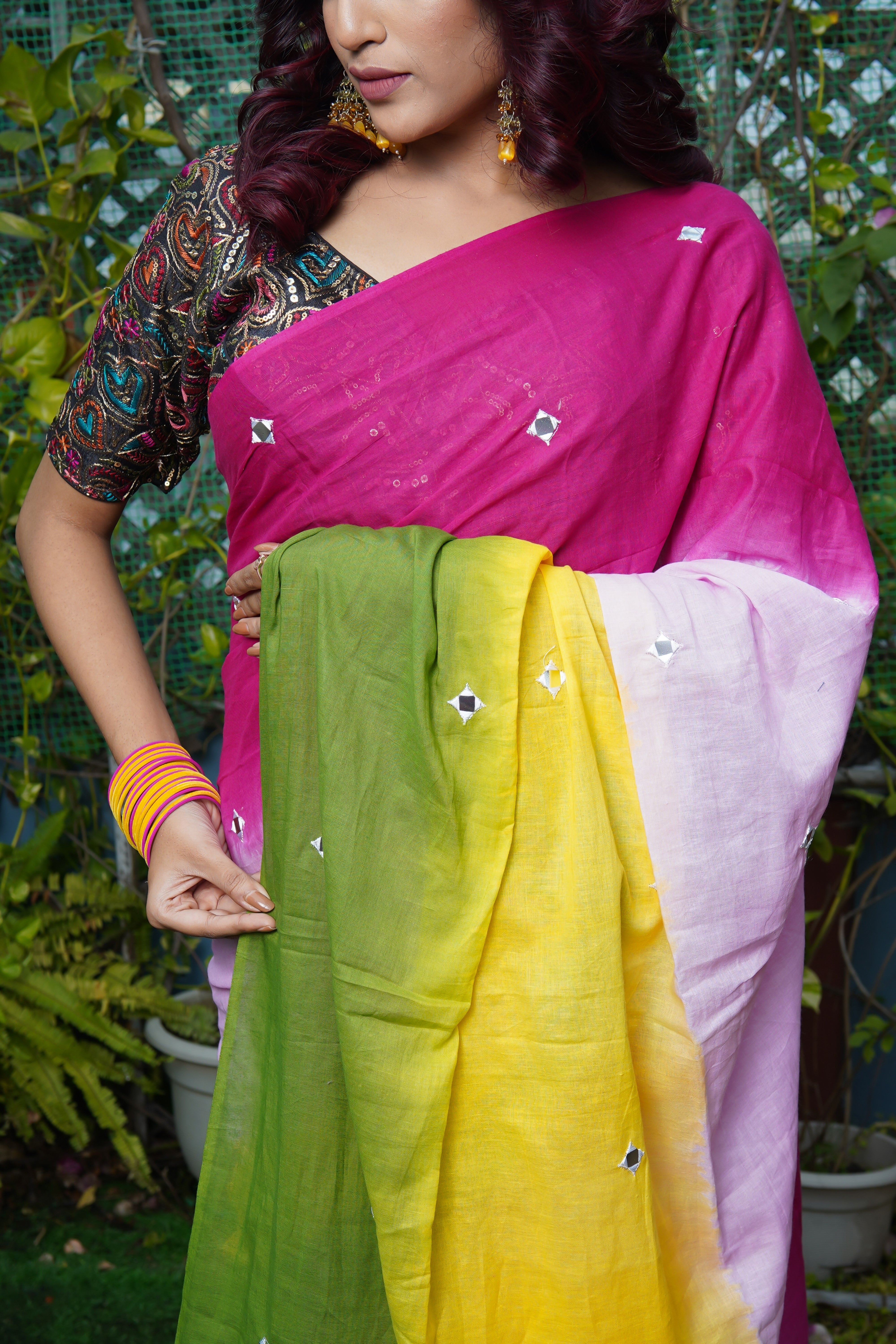 Pure Mul Cotton Mirror Work Saree Multi Colour