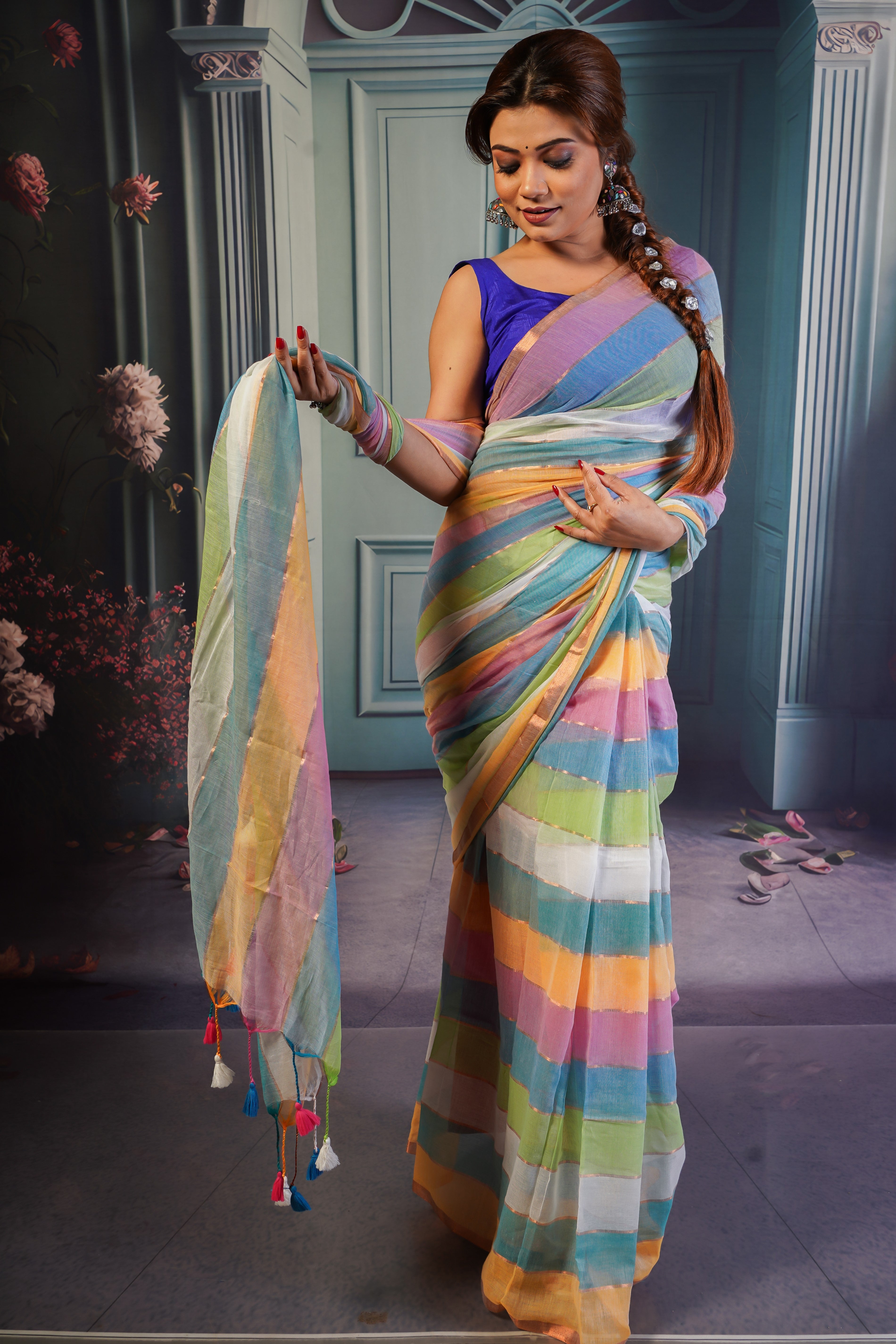 Multicolour Rainbow mulmul cotton saree