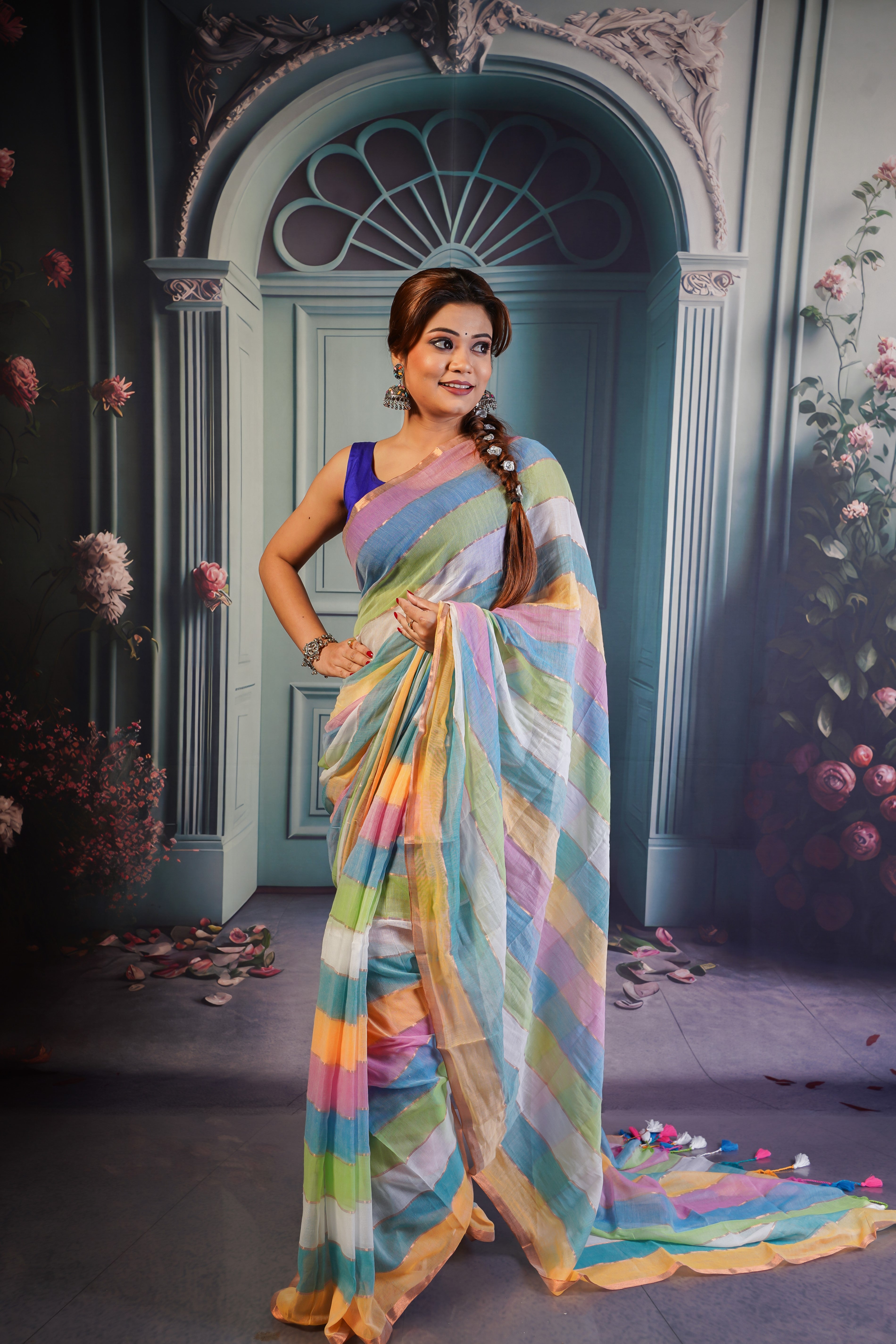 Multicolour Rainbow mulmul cotton saree