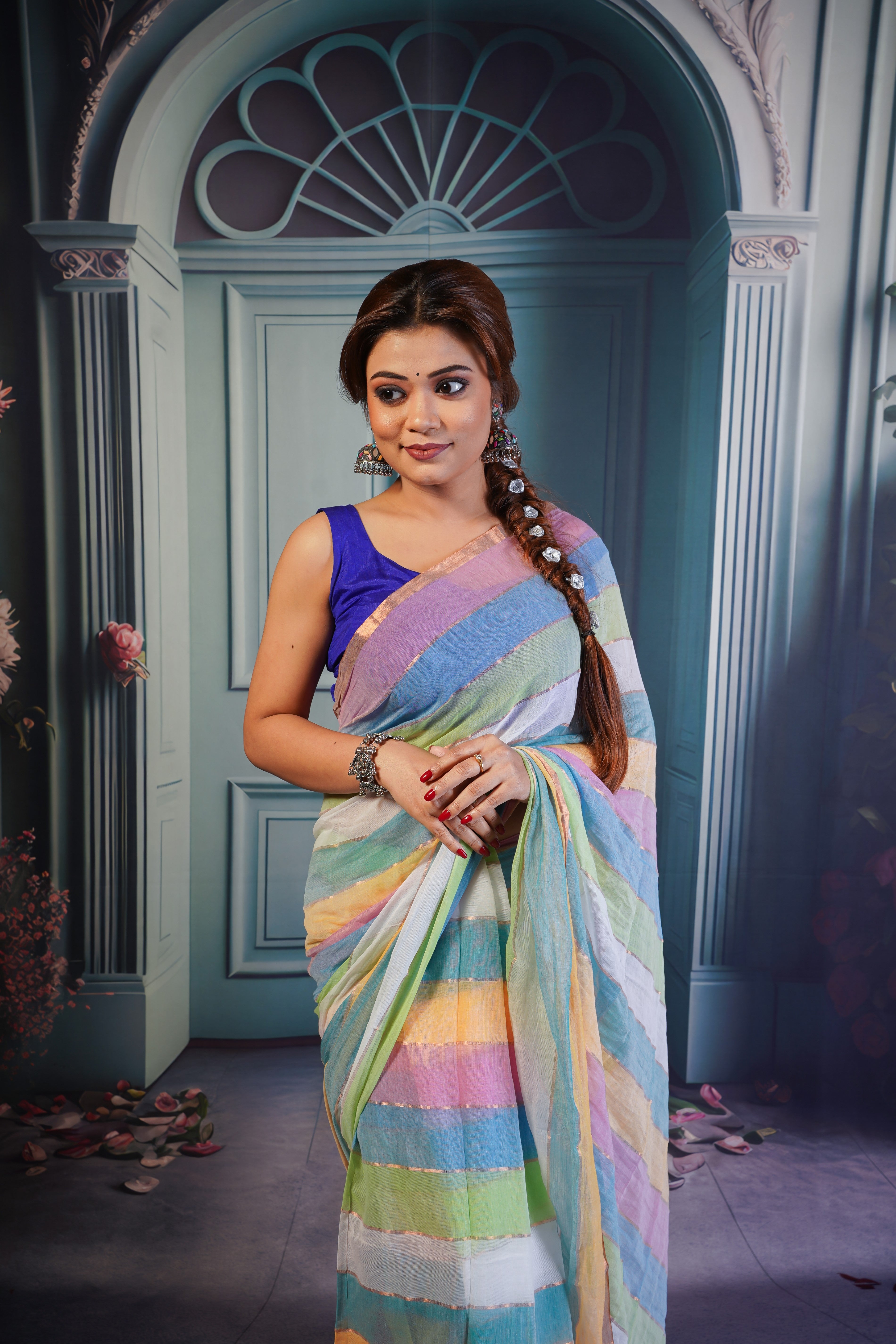 Multicolour Rainbow mulmul cotton saree