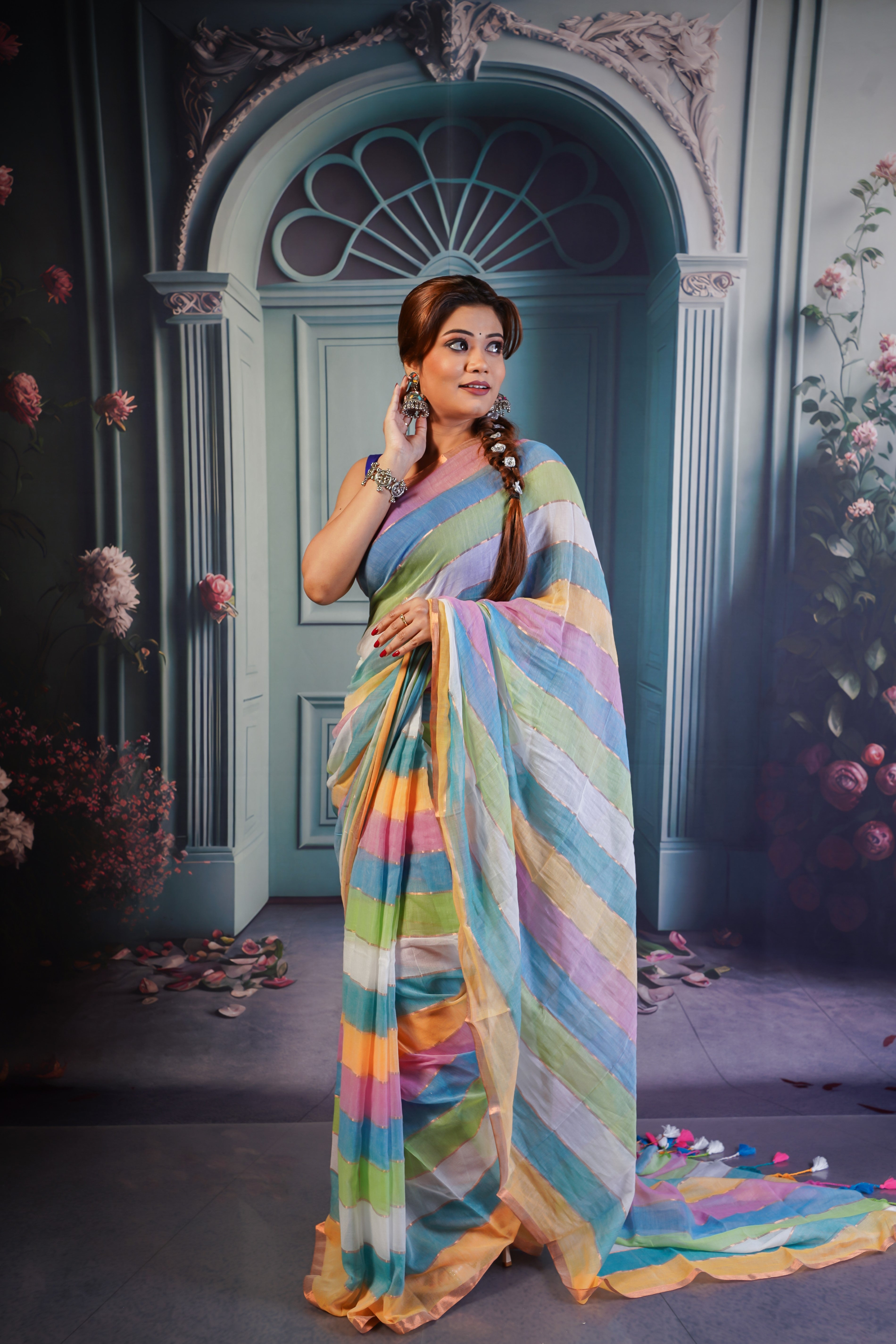 Multicolour Rainbow mulmul cotton saree