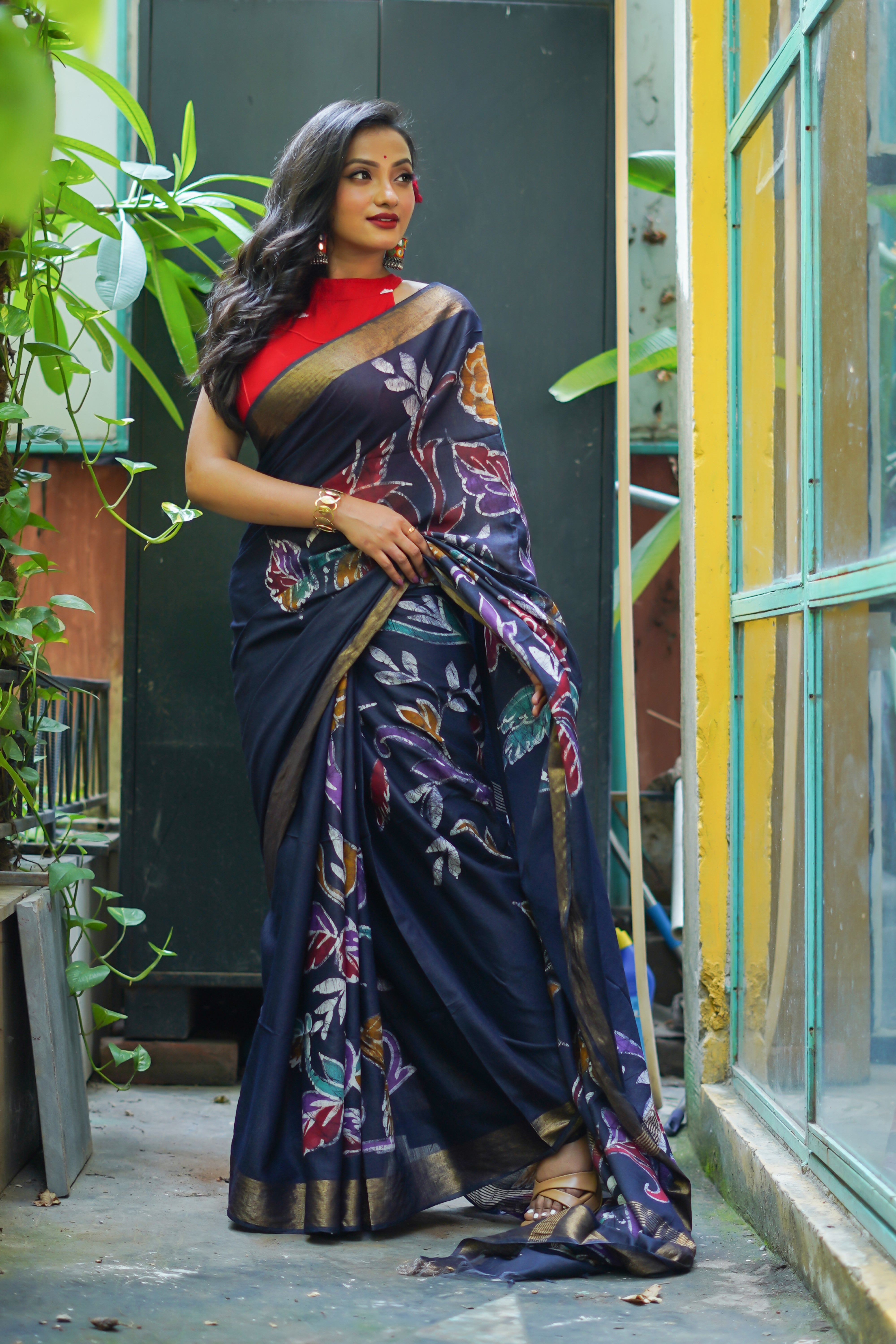 Navy Blue Hand Block Pure Chanderi Silk Saree