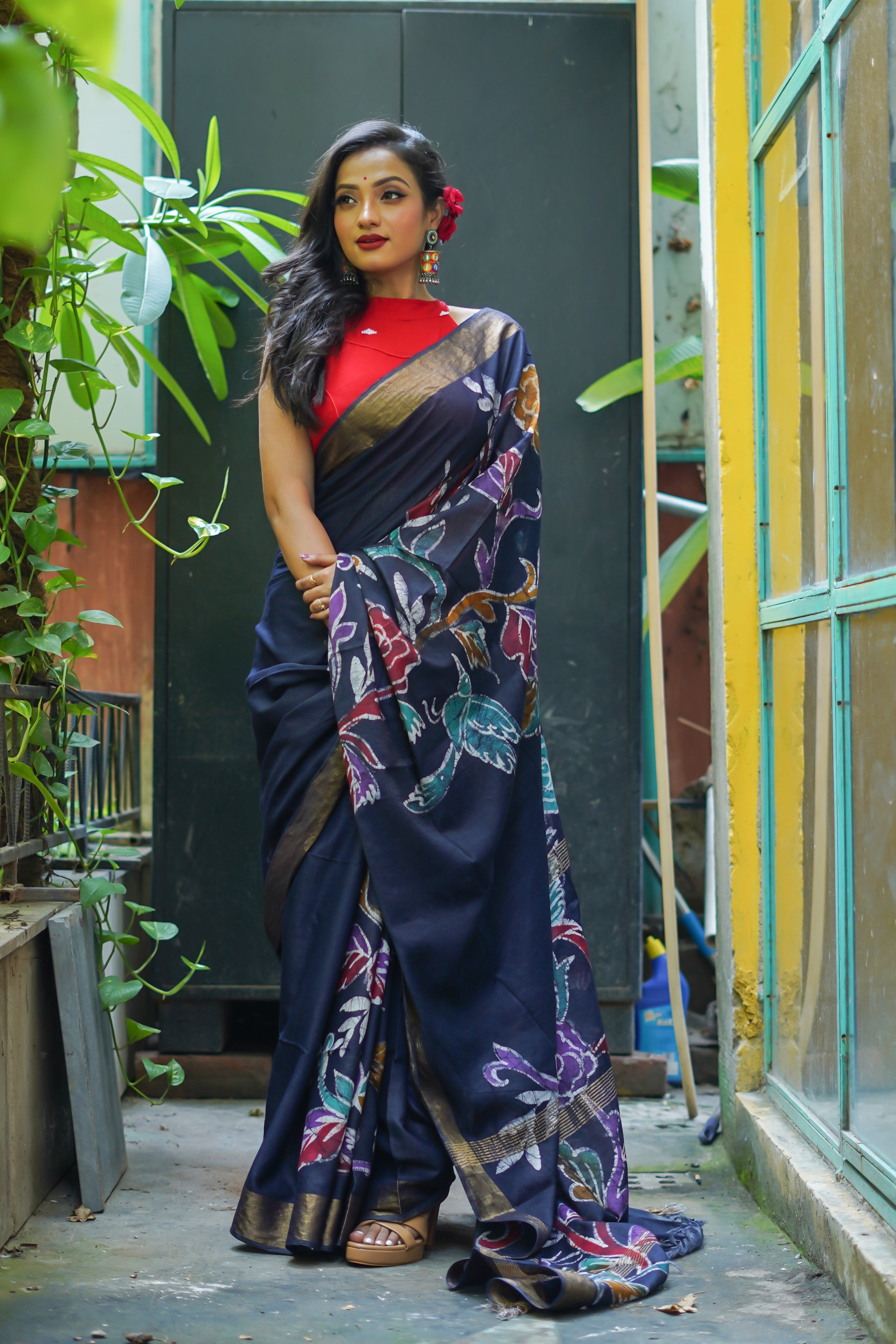 Navy Blue Hand Block Pure Chanderi Silk Saree