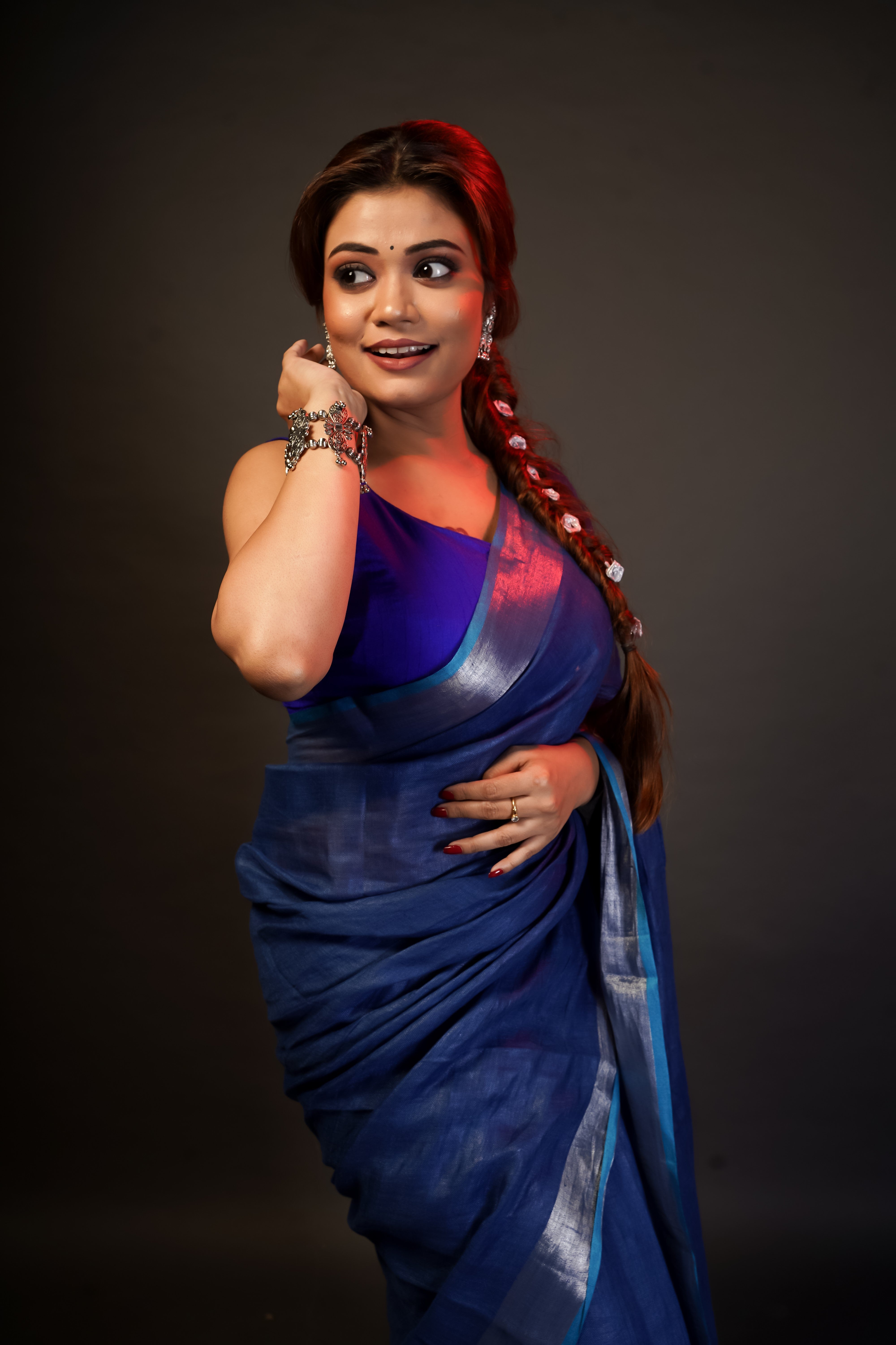 Navy Blue silver zari pure linen saree