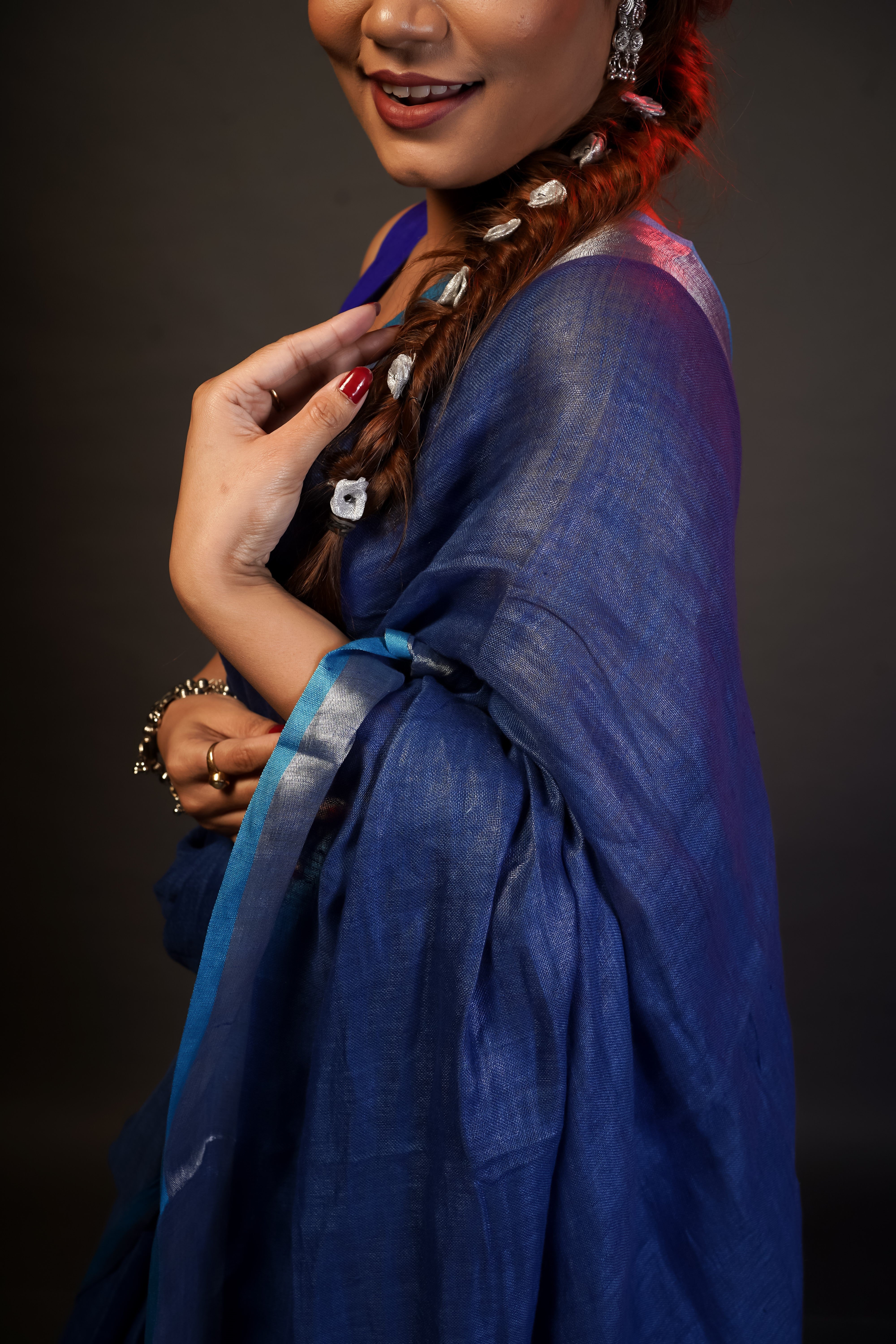 Navy Blue silver zari pure linen saree