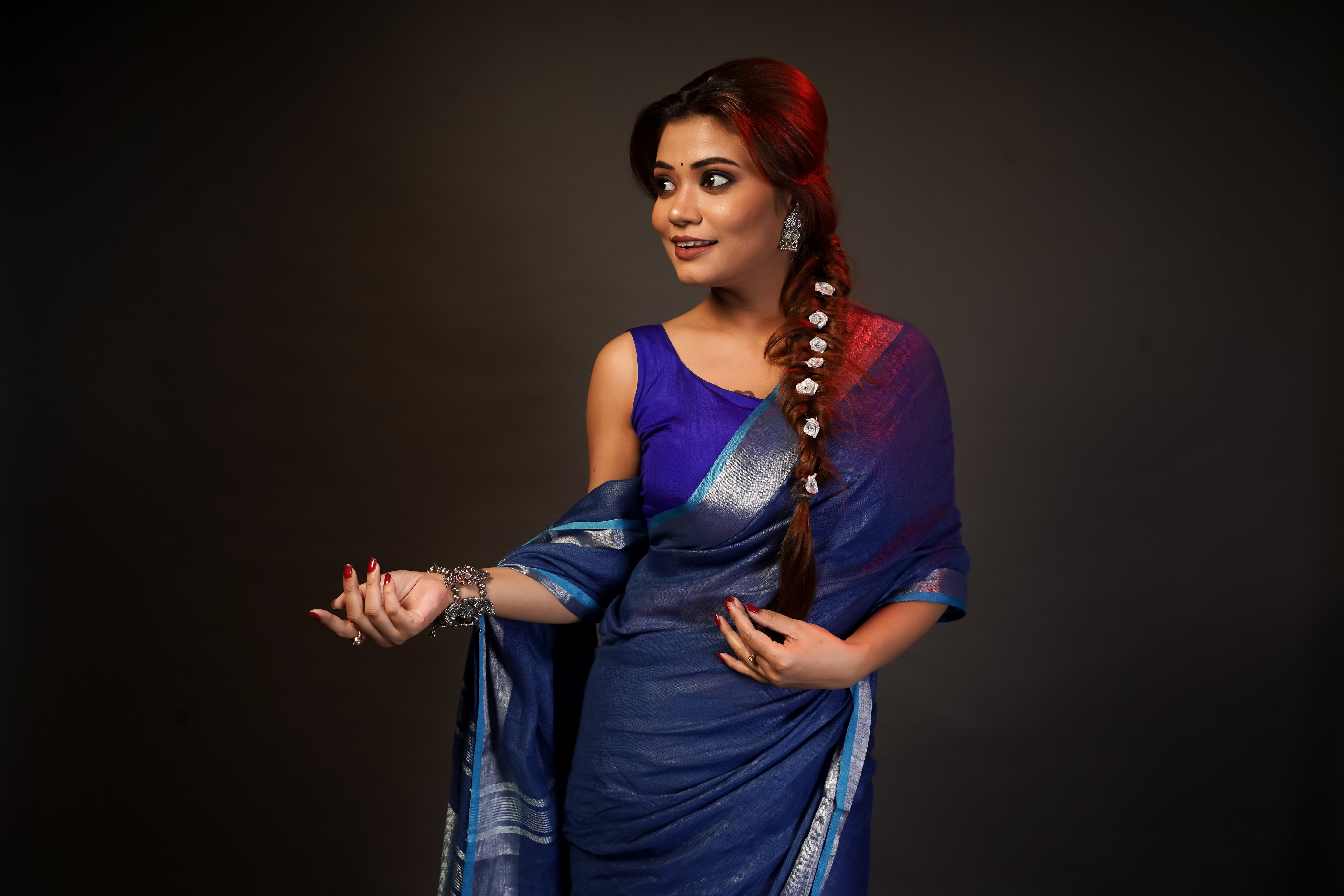 Navy Blue silver zari pure linen saree