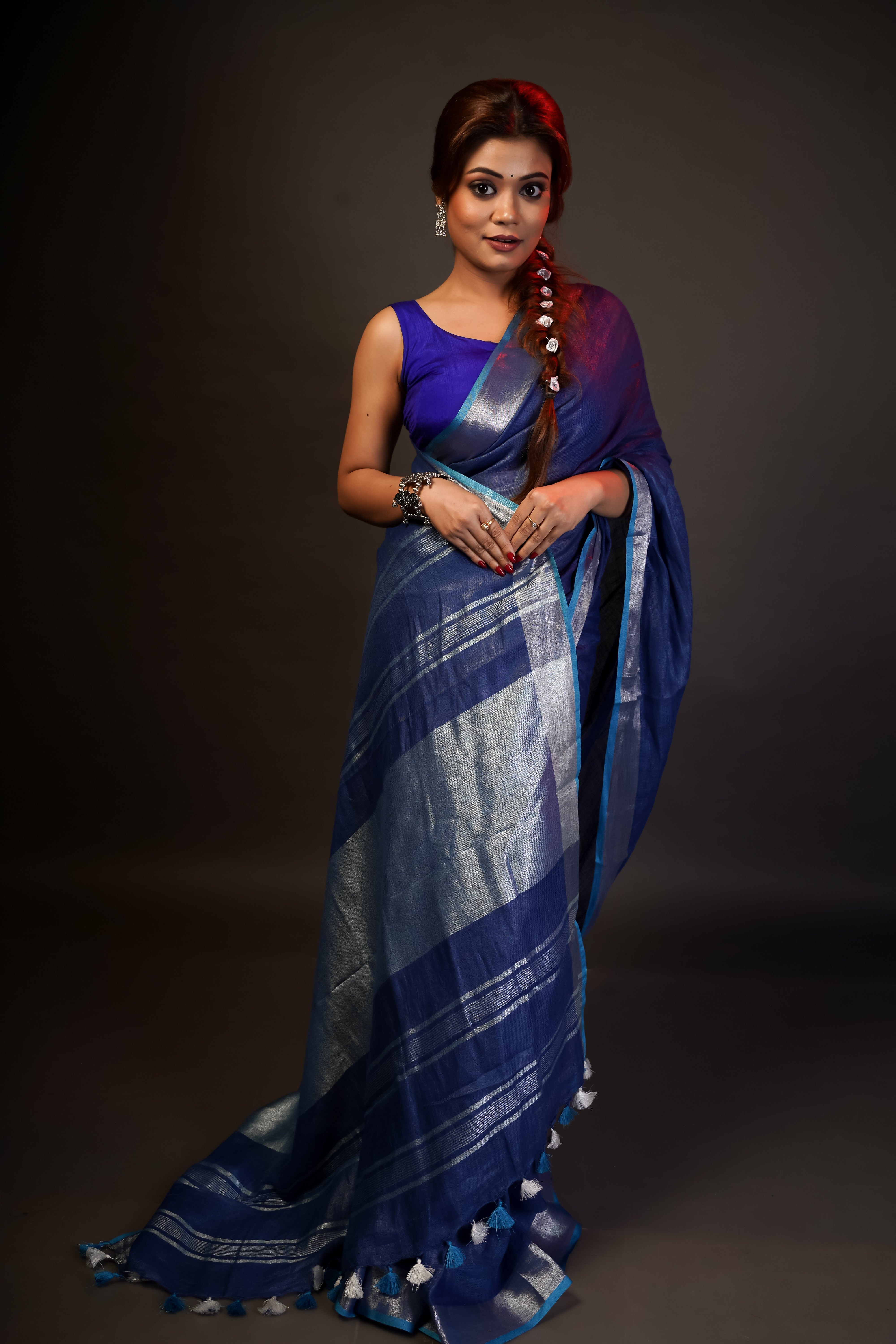 Navy Blue silver zari pure linen saree