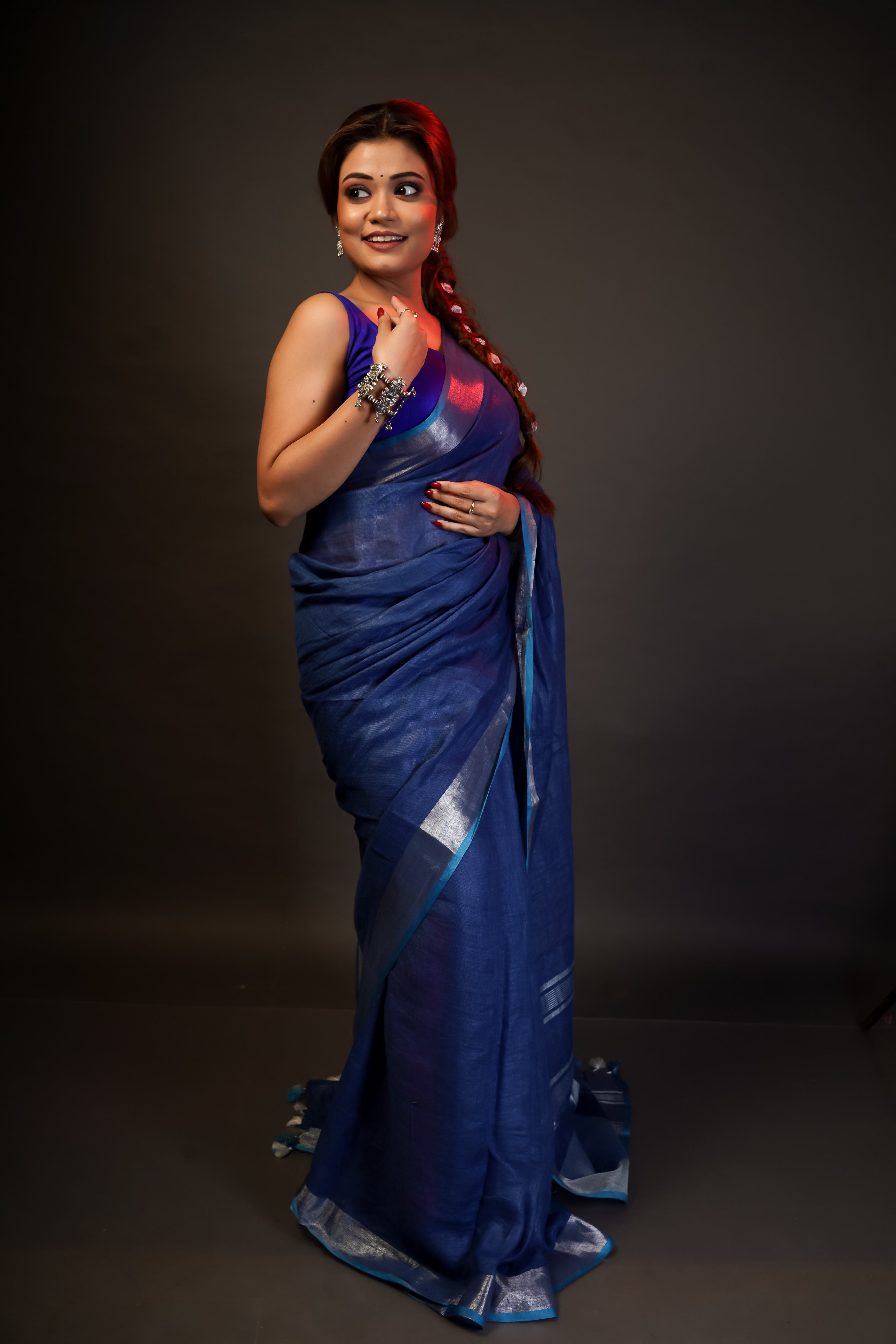 Navy Blue silver zari pure linen saree