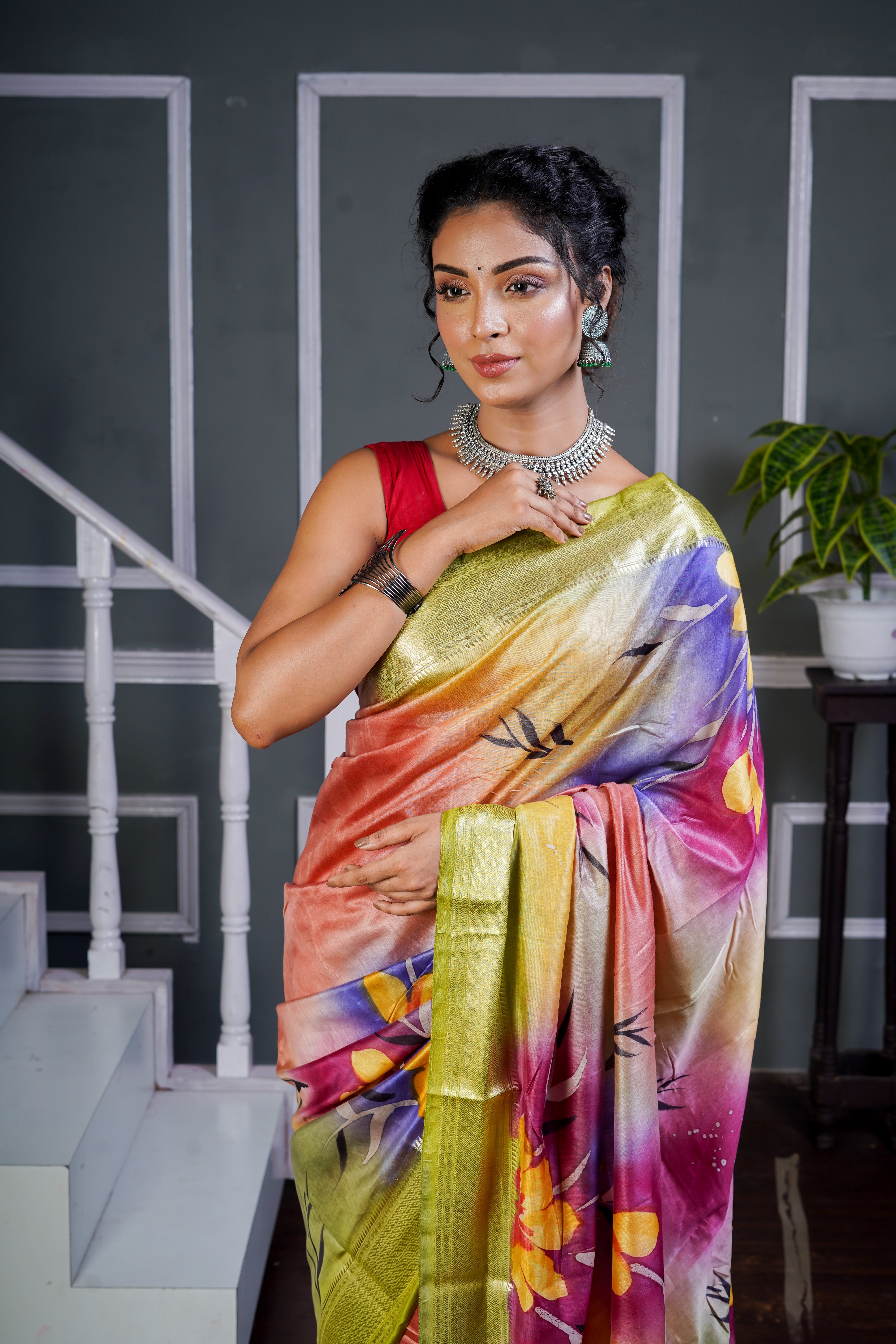 Neon Orange Premium Maheswari Silk Designer Saree