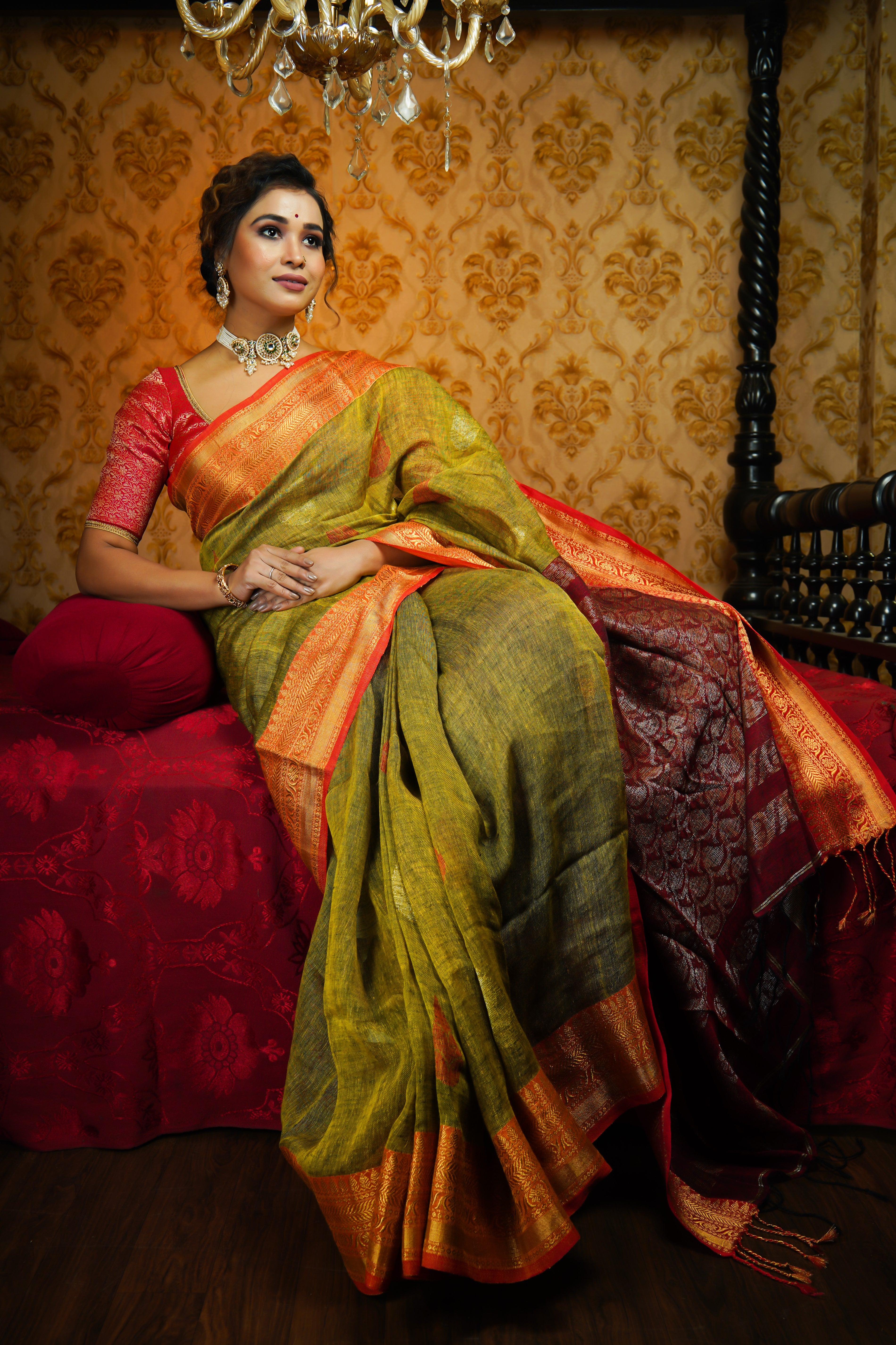 Olive Green & Rani Handwoven Linen Jamdani Saree