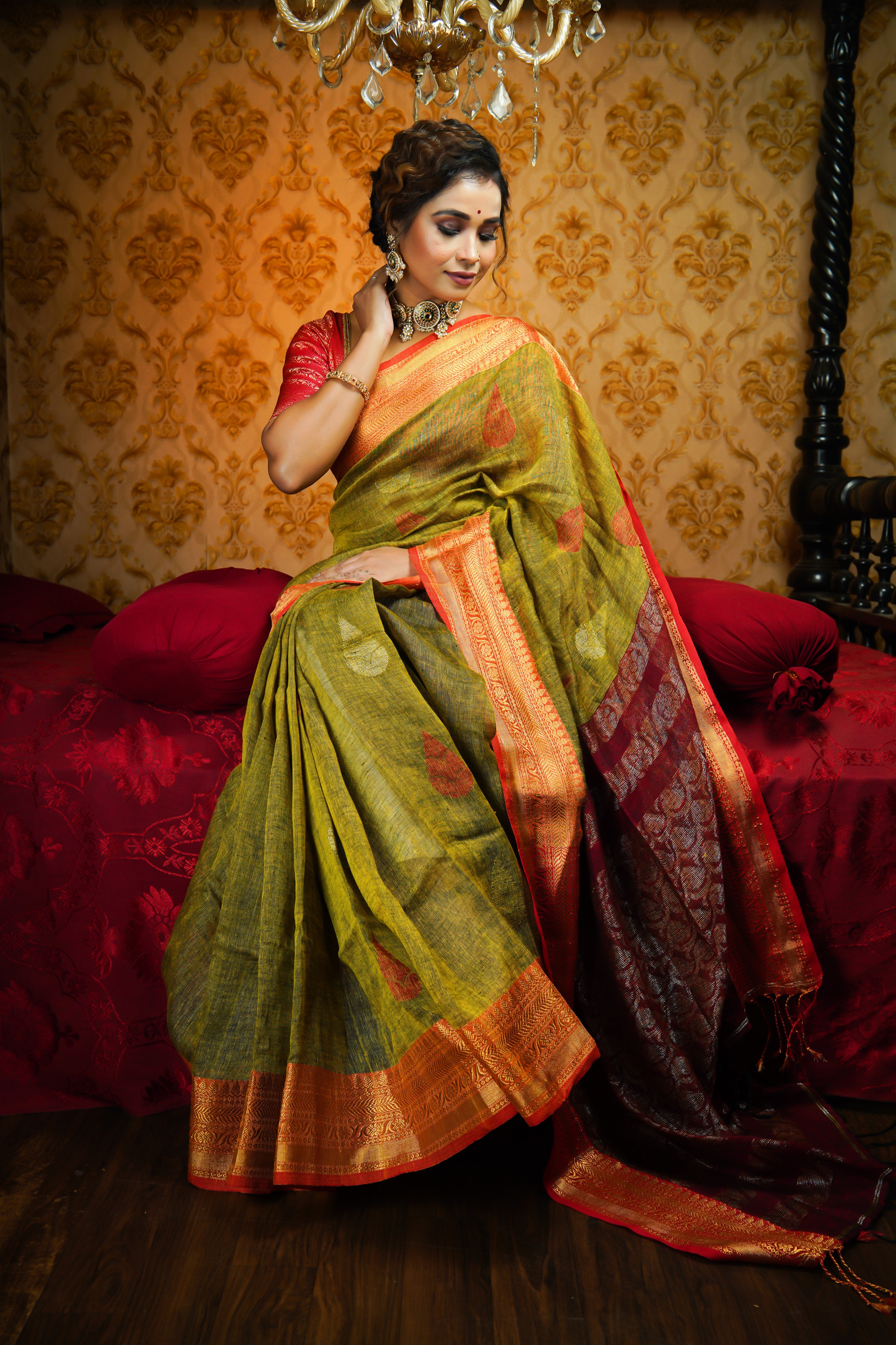 Olive Green & Rani Handwoven Linen Jamdani Saree